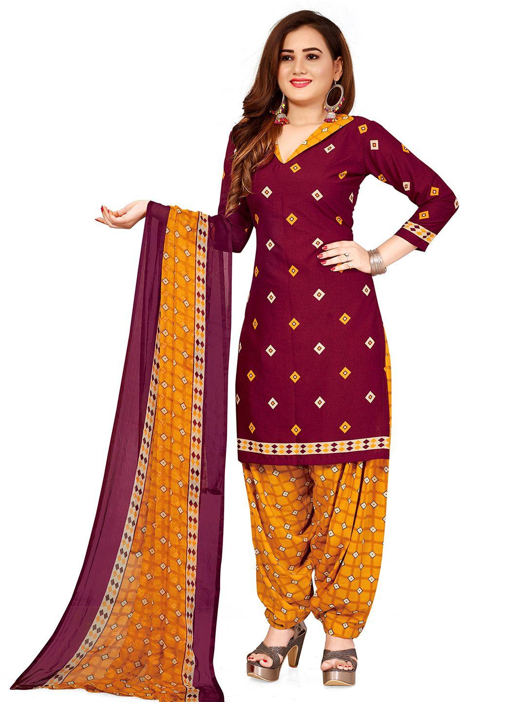 manvaa maroon printed silk crepe unstitched dress material
