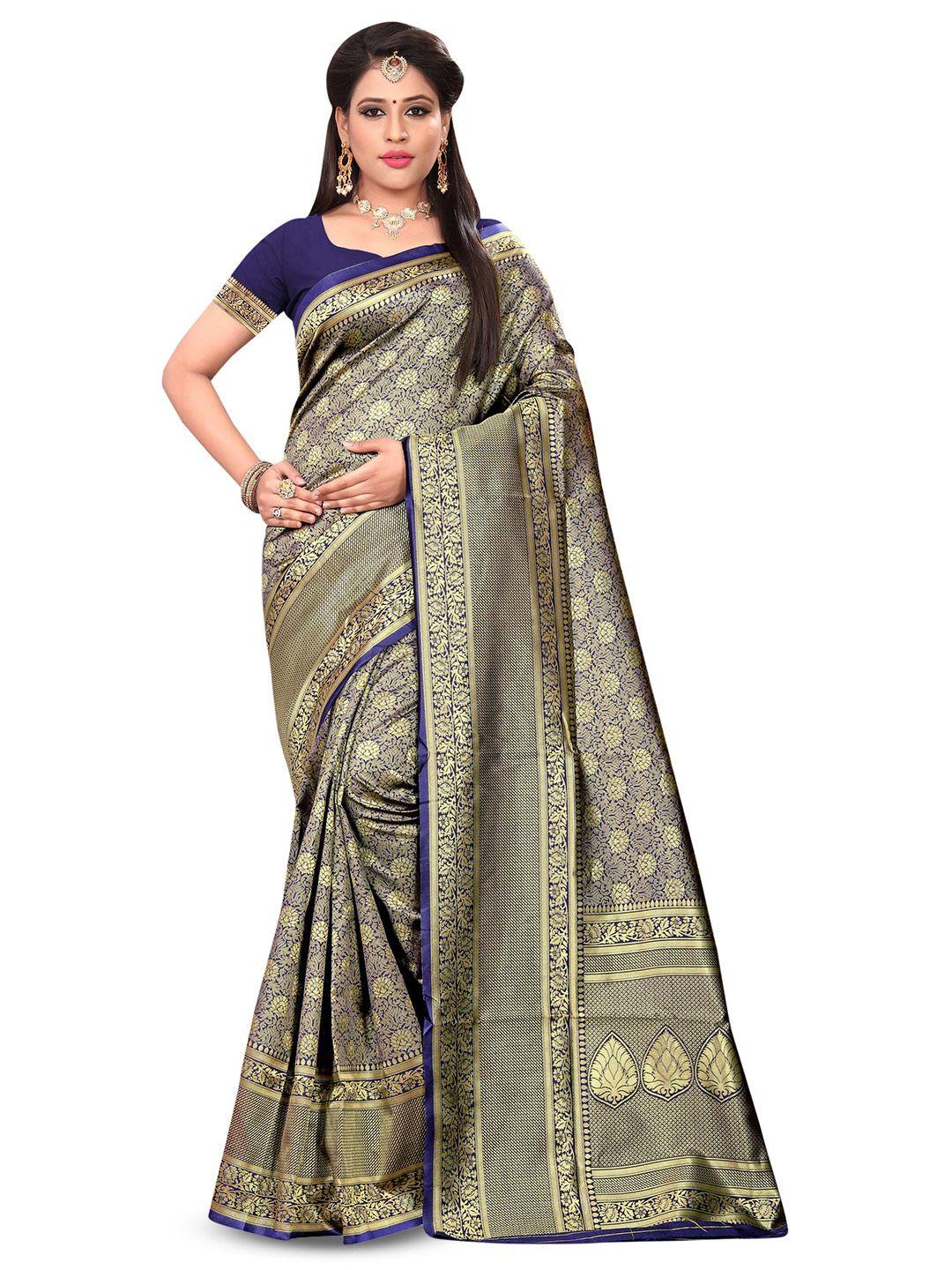 manvaa navy blue & gold-toned ethnic motifs zari silk blend banarasi saree