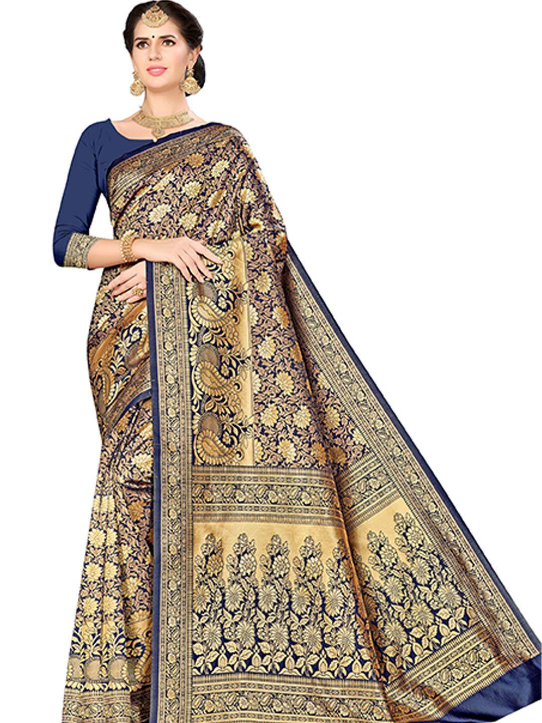manvaa navy blue & gold-toned woven design zari silk blend banarasi saree