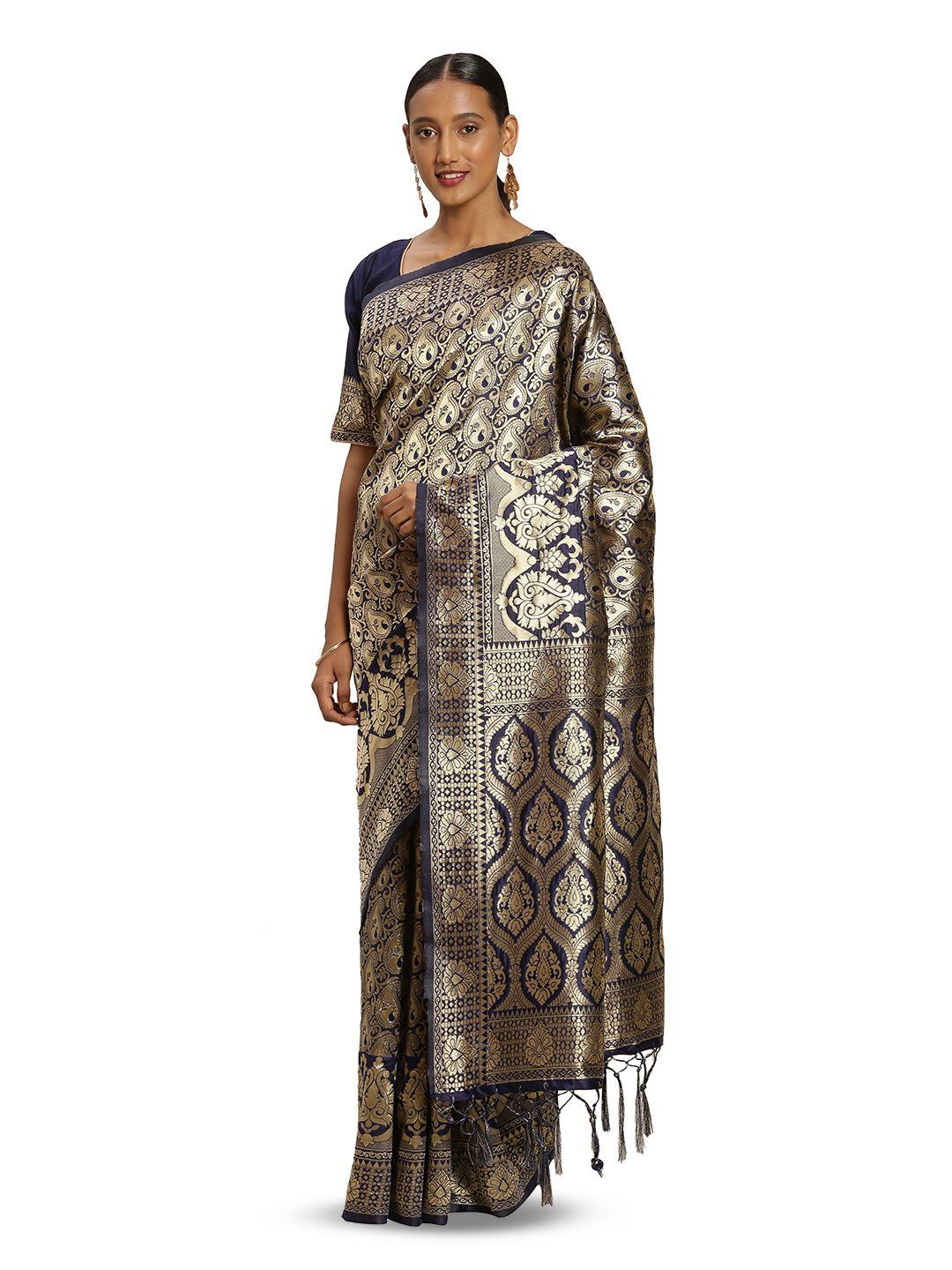 manvaa navy blue & gold-toned woven design zari silk blend banarasi saree