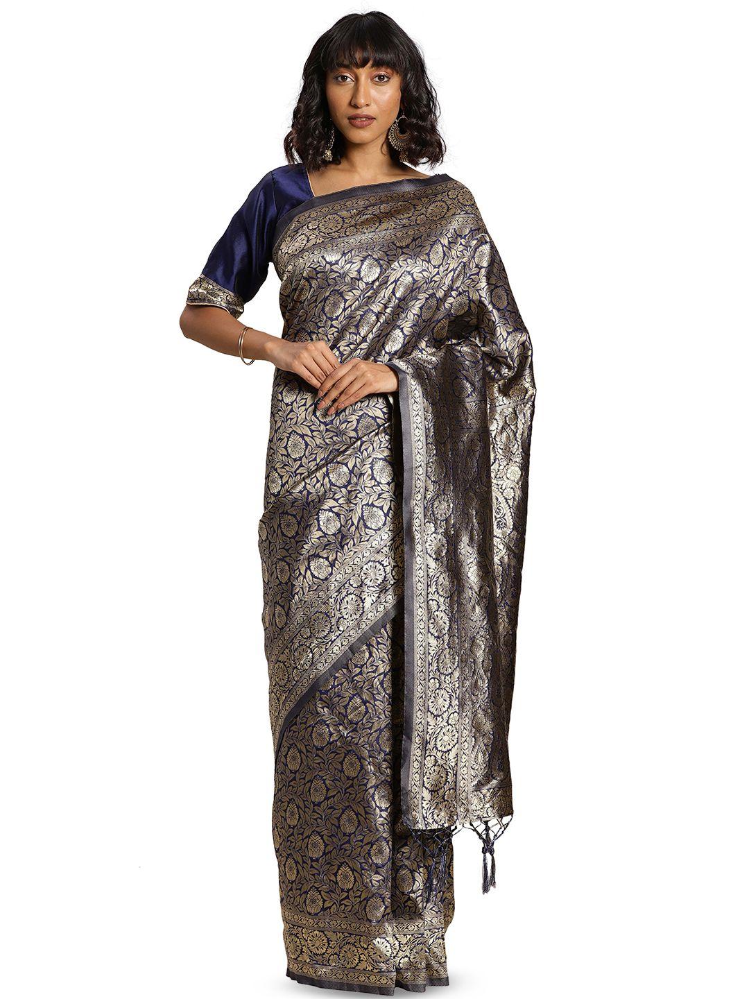 manvaa navy blue & gold-toned woven design zari silk blend banarasi saree