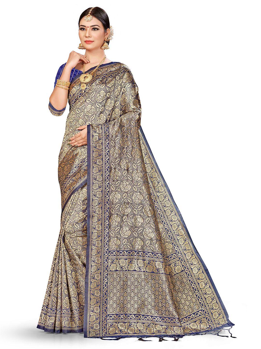 manvaa navy blue & gold-toned woven design zari silk blend banarasi saree