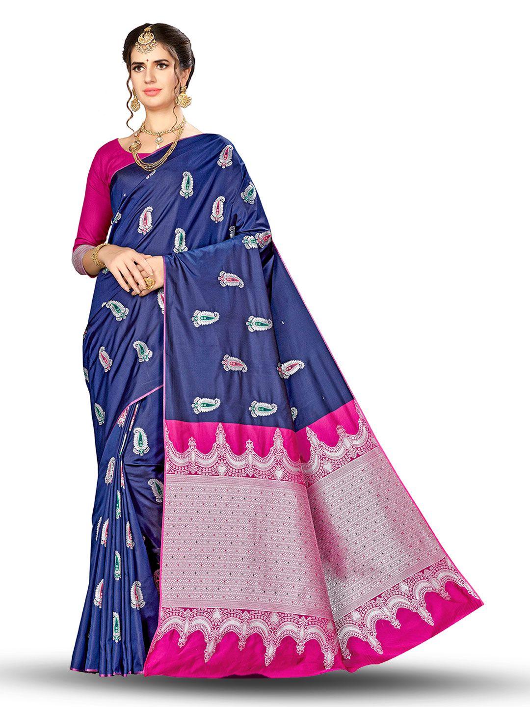 manvaa navy blue & pink woven design zari silk blend banarasi saree