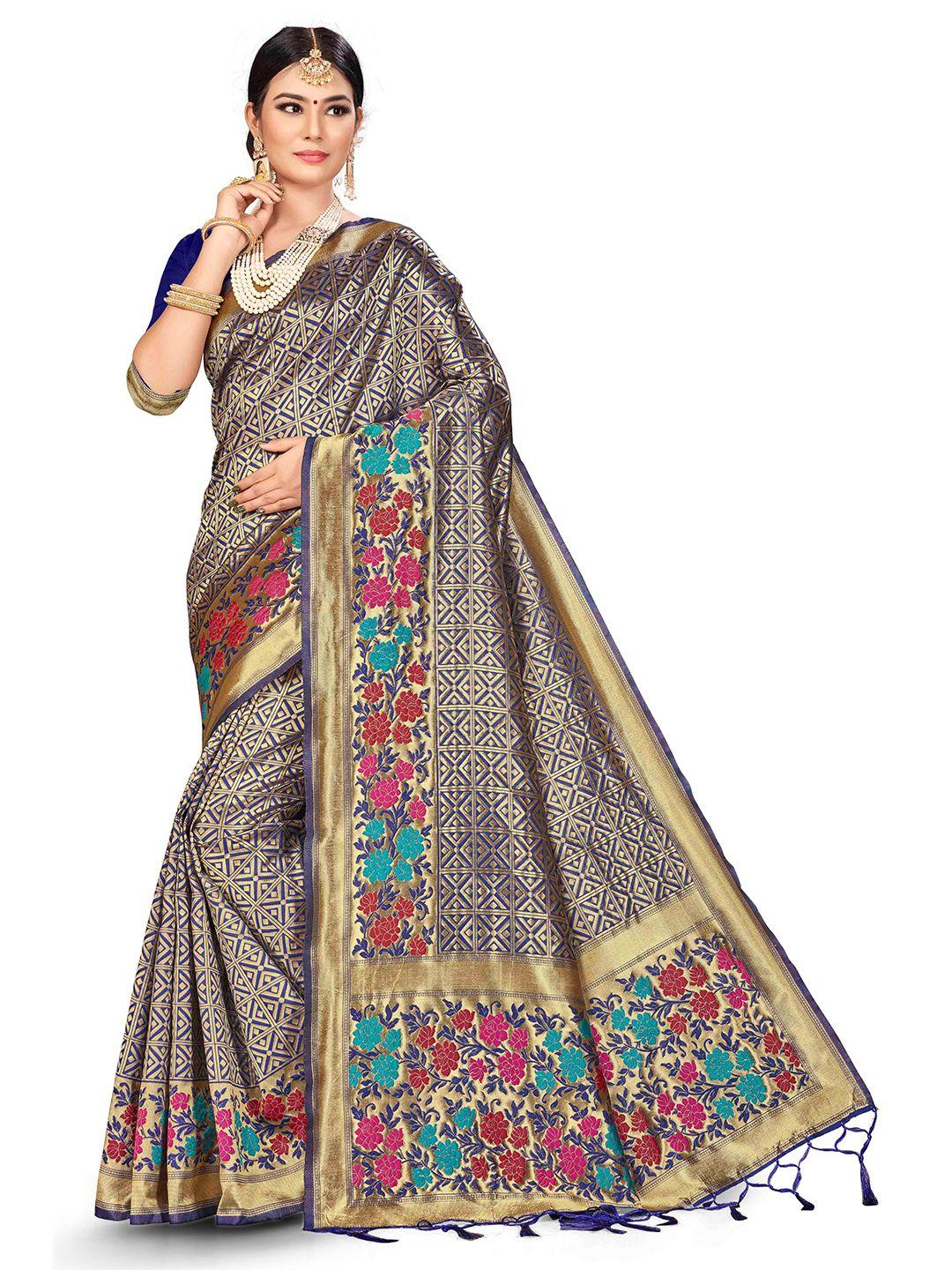 manvaa navy blue & pink woven design zari silk blend banarasi saree