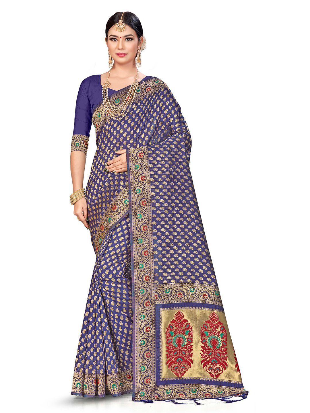 manvaa navy blue & red woven design zari silk blend banarasi saree