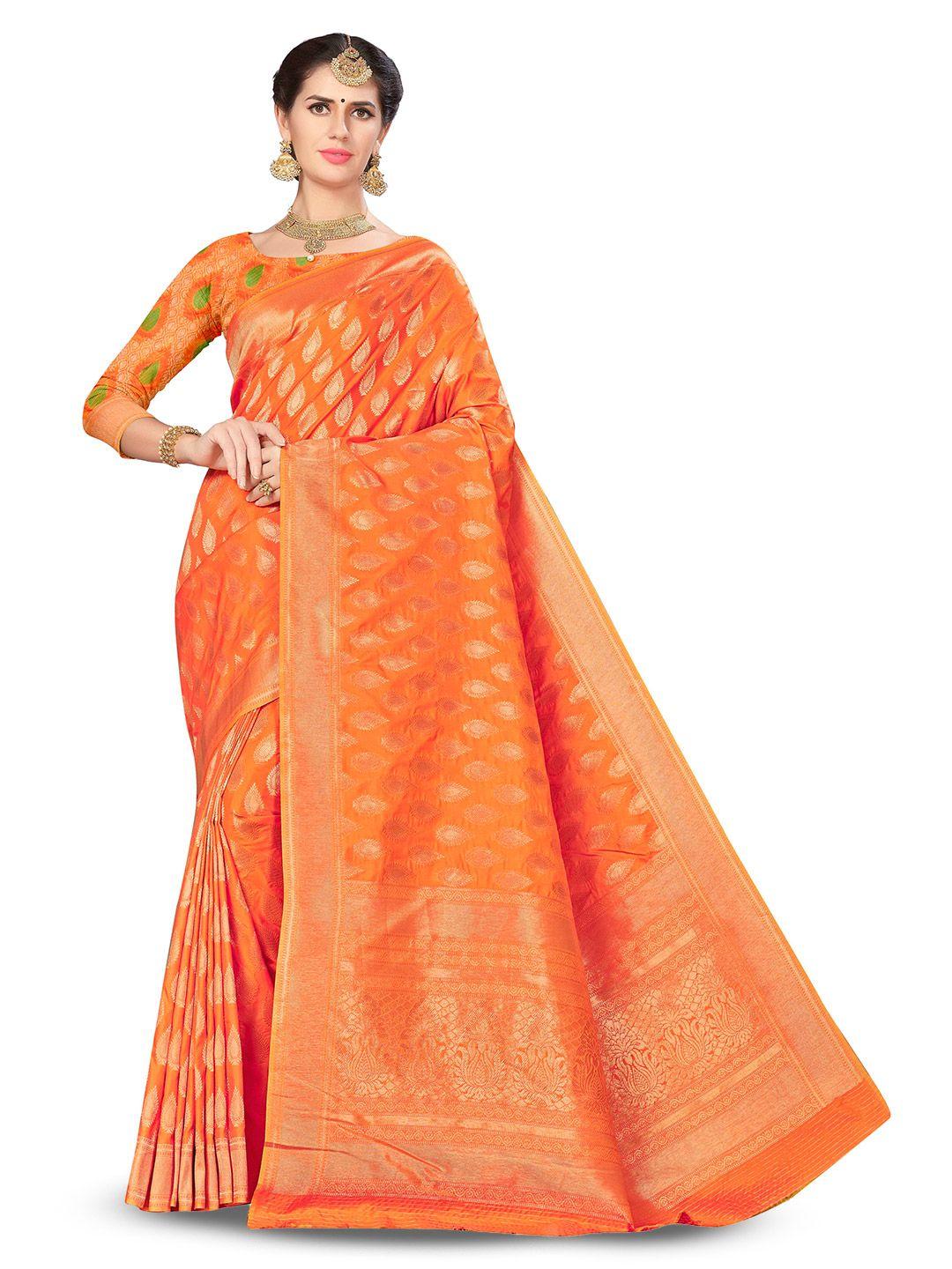 manvaa orange & gold-toned woven design zari silk blend banarasi saree