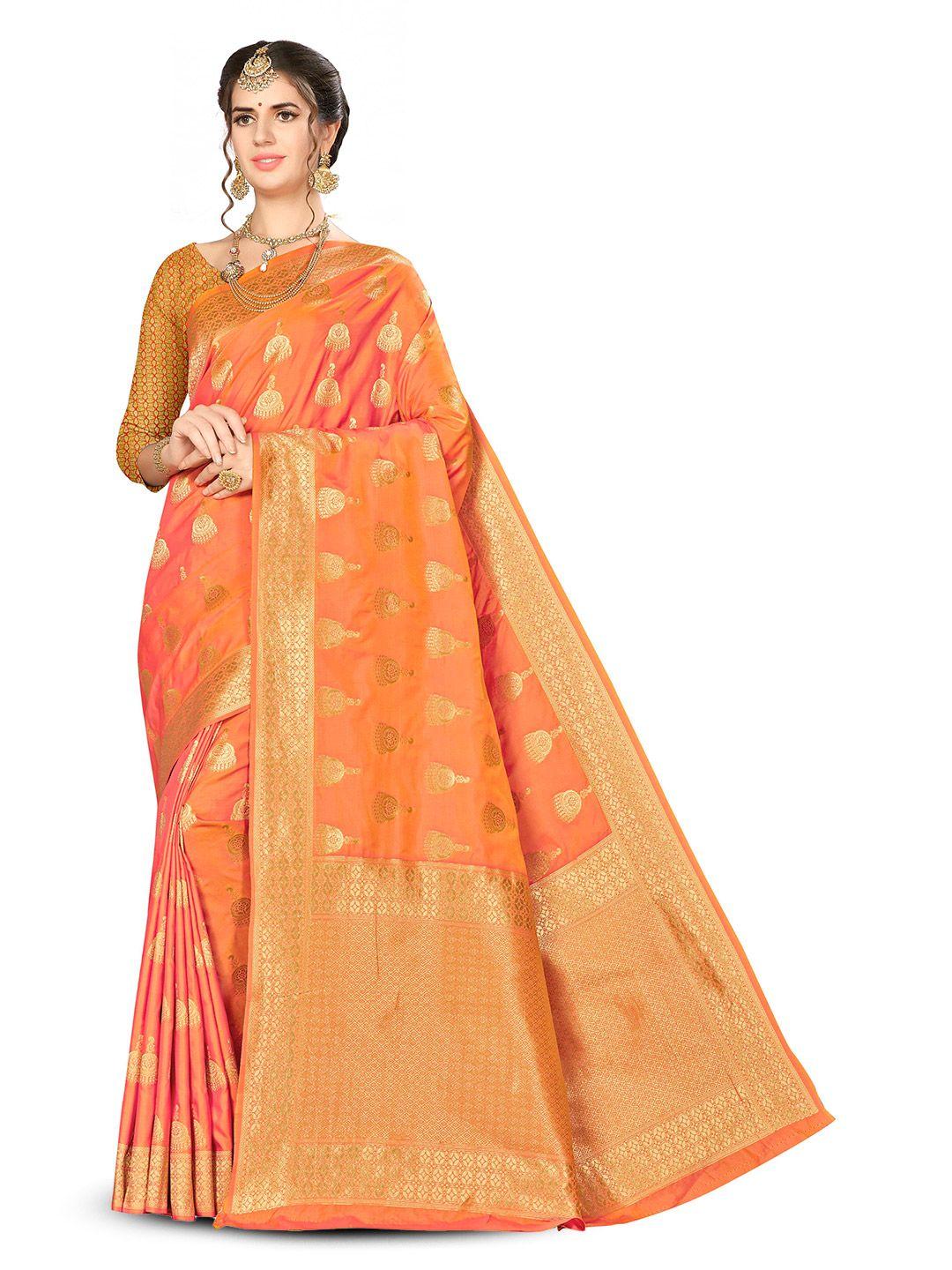 manvaa orange & gold-toned woven design zari silk blend banarasi saree