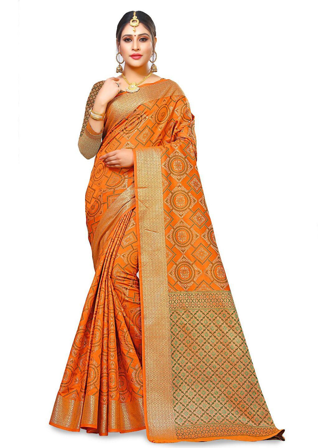 manvaa orange & green woven design zari banarasi saree