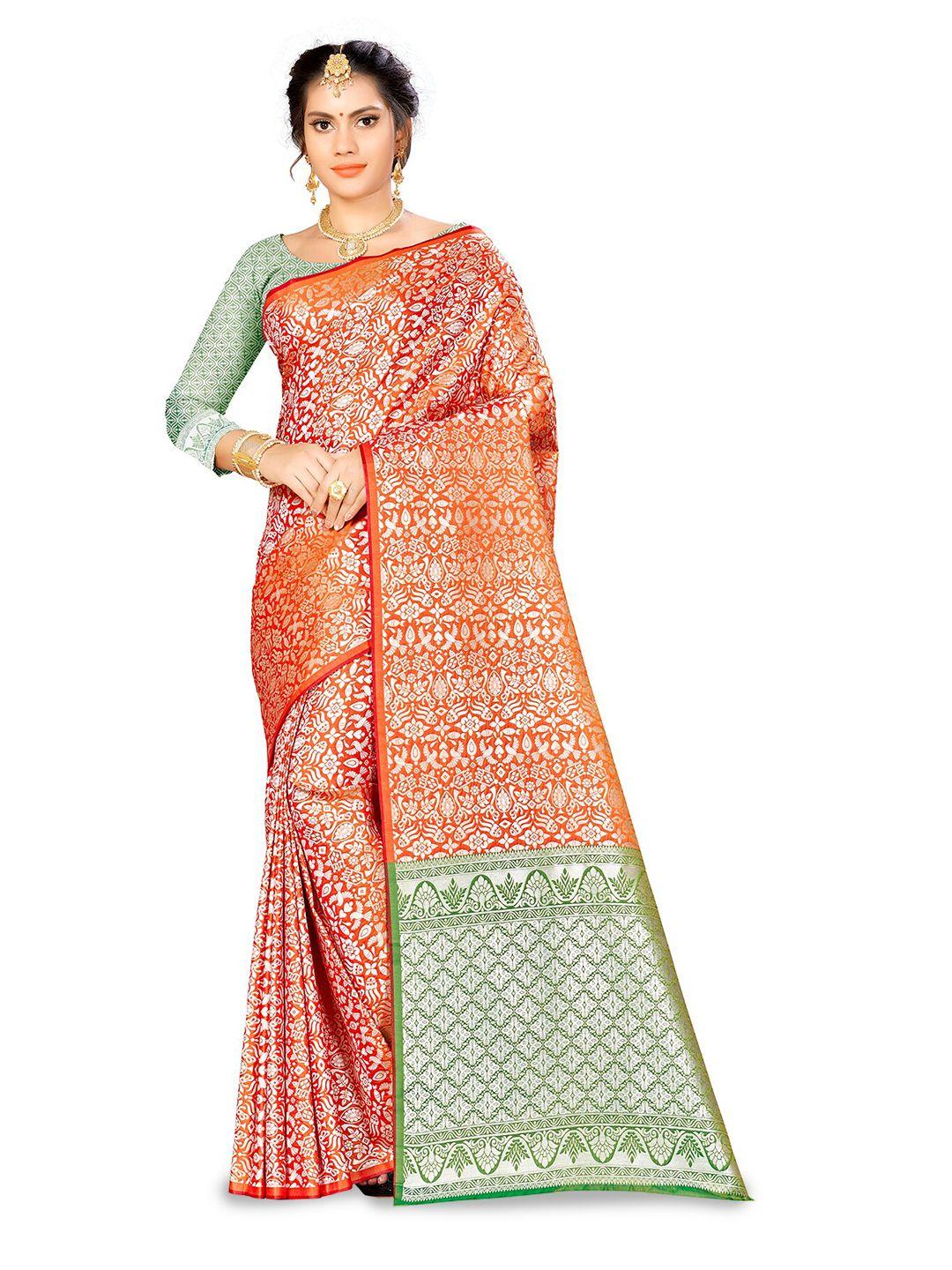 manvaa orange & green woven design zari silk blend banarasi saree