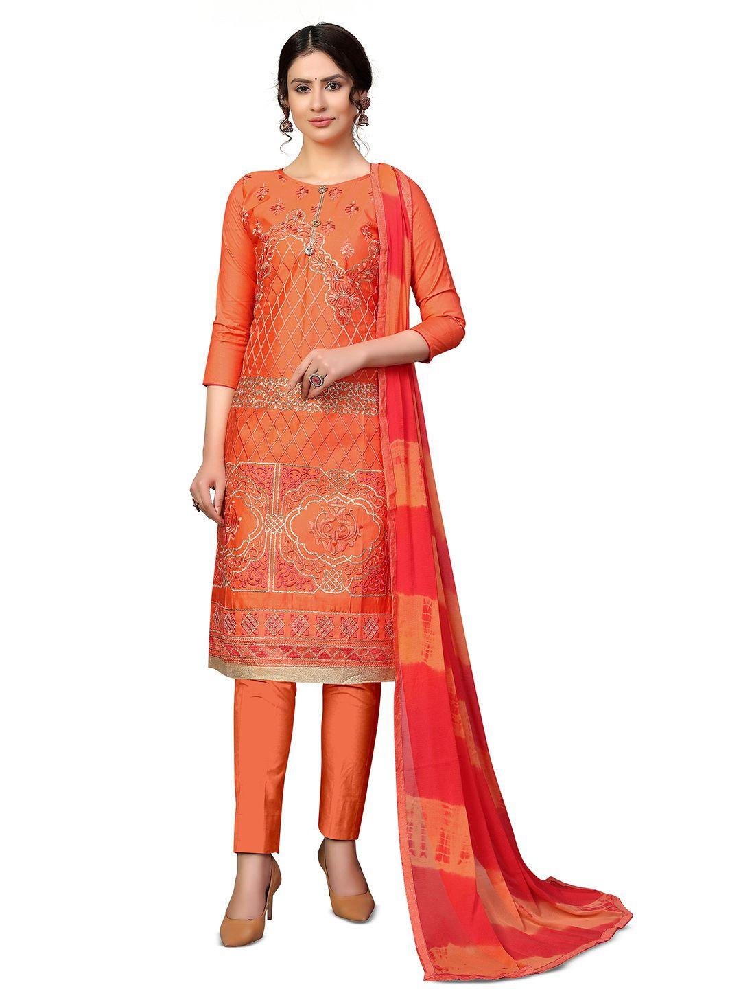 manvaa orange embellished unstitched dress material