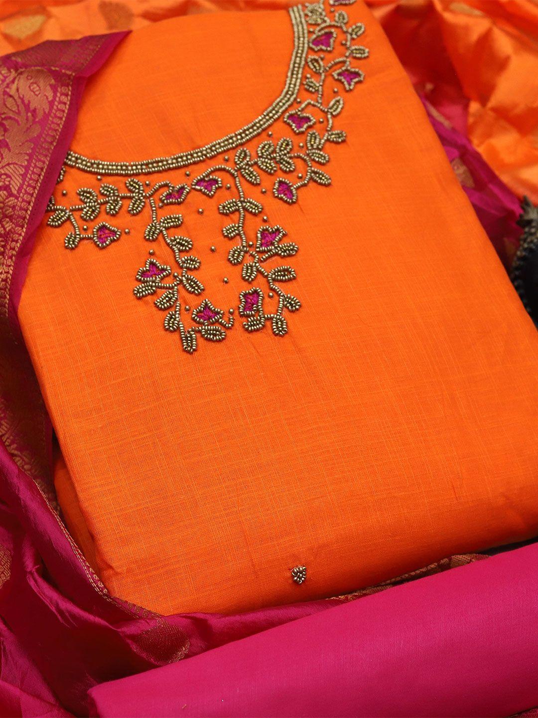 manvaa orange embellished unstitched dress material