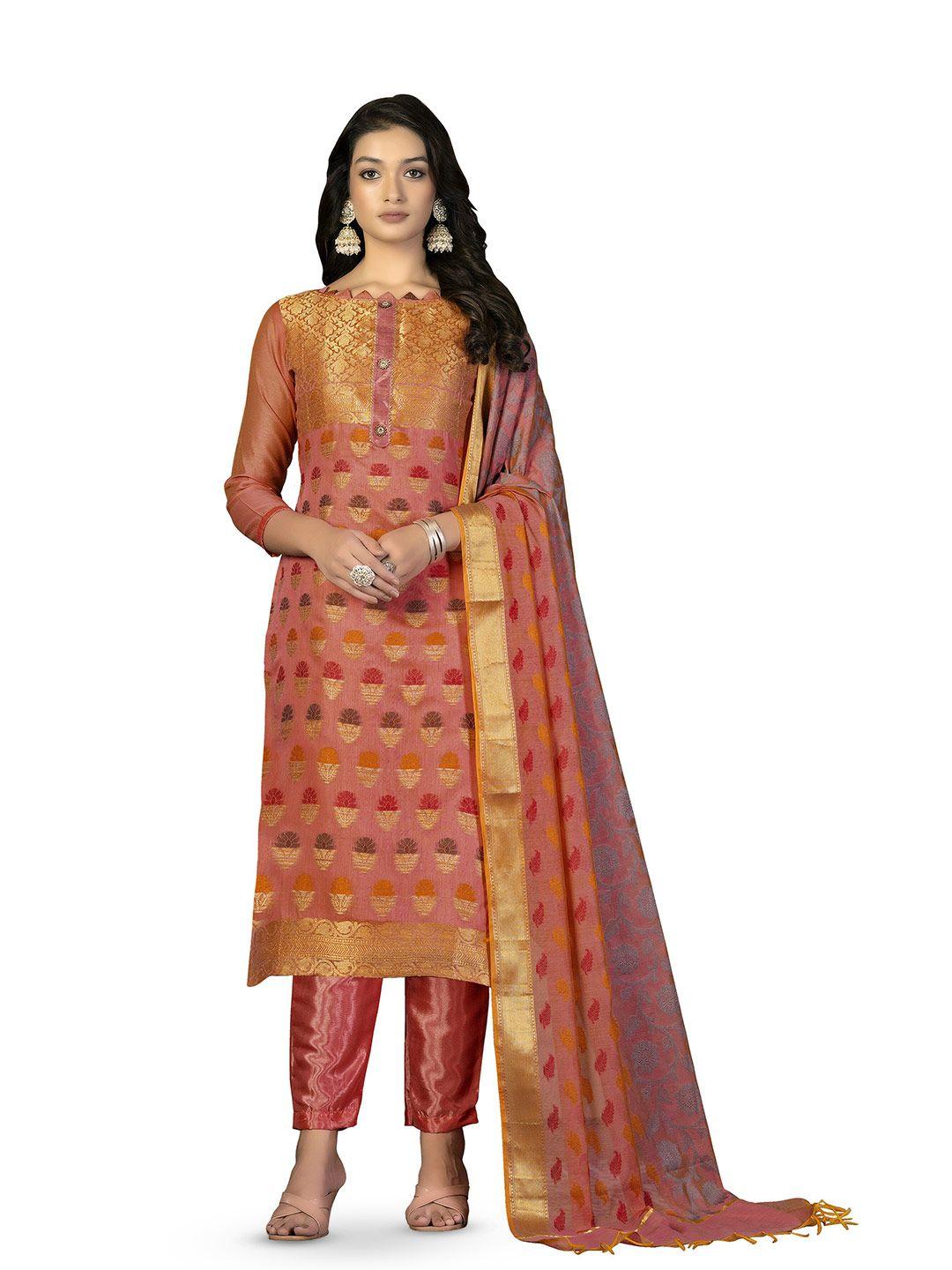 manvaa peach-coloured & gold-toned pure silk unstitched dress material
