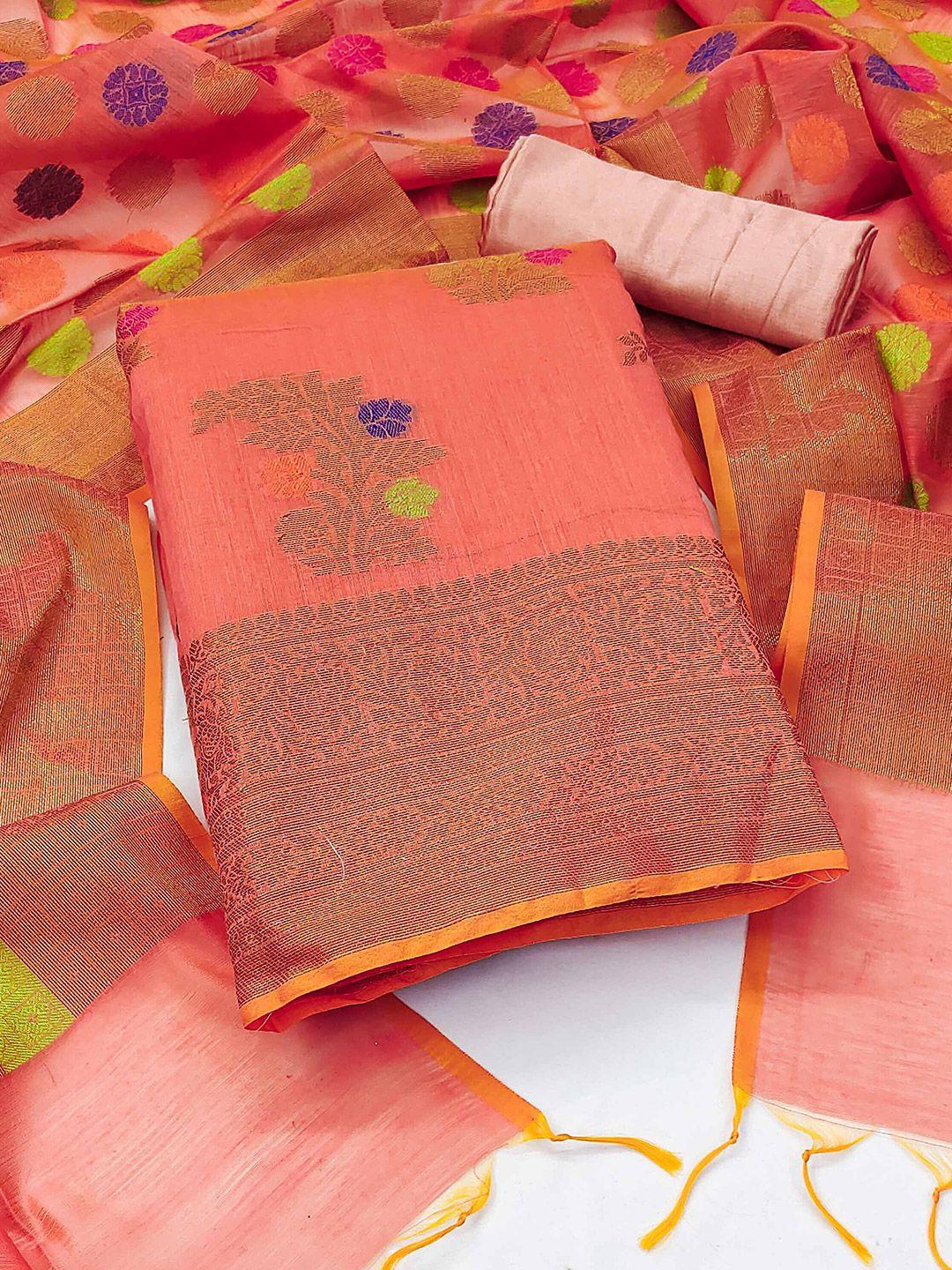 manvaa peach-coloured & green pure silk unstitched dress material