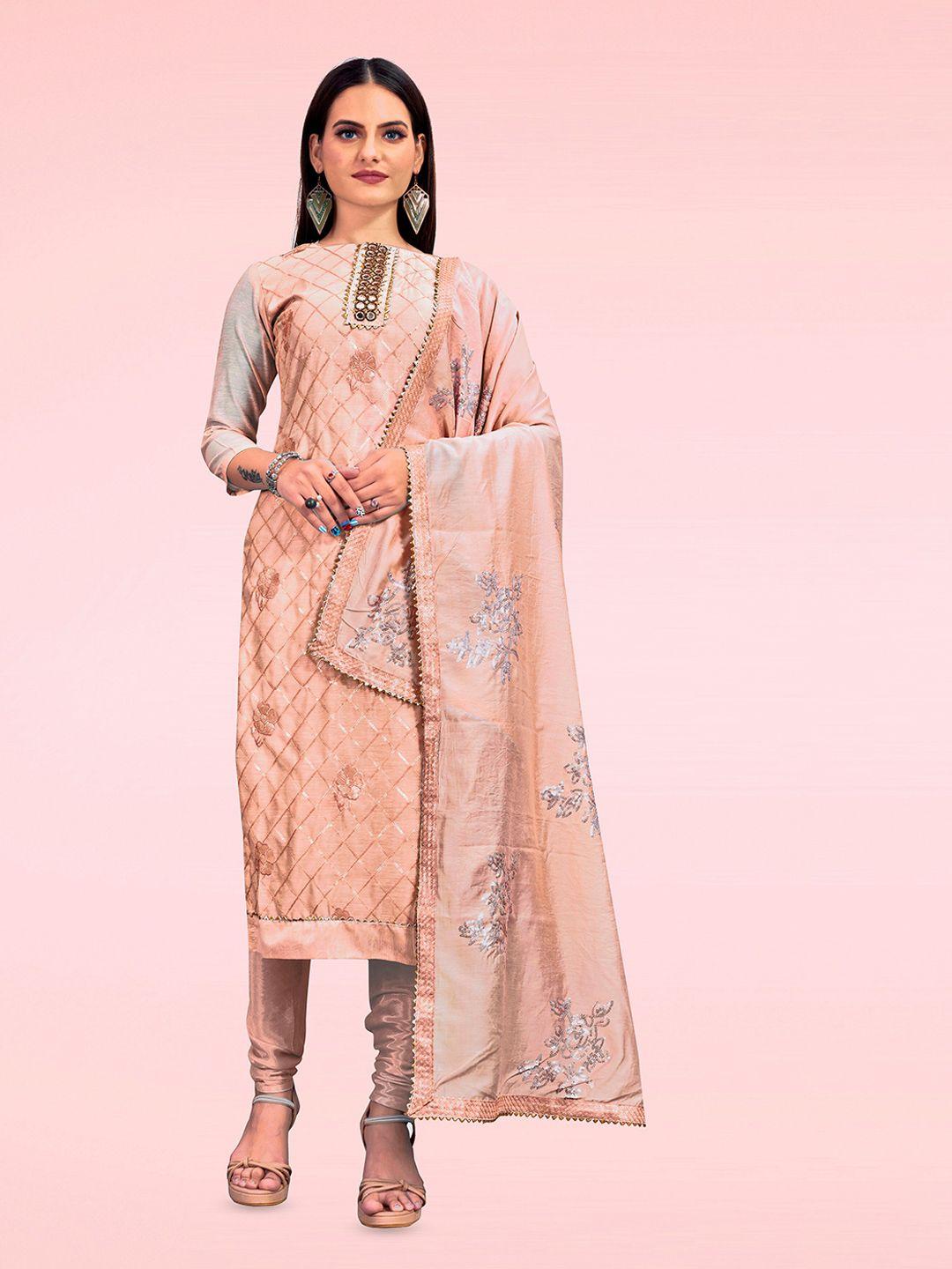 manvaa peach-coloured embellished unstitched dress material