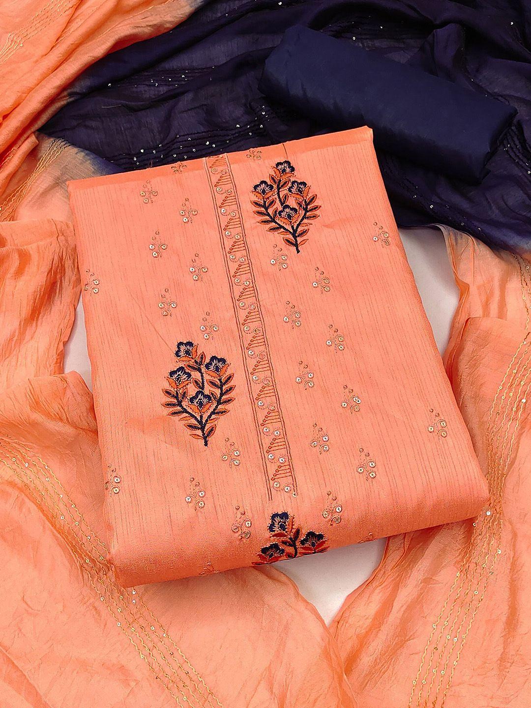 manvaa peach-coloured embroidered pure silk unstitched dress material