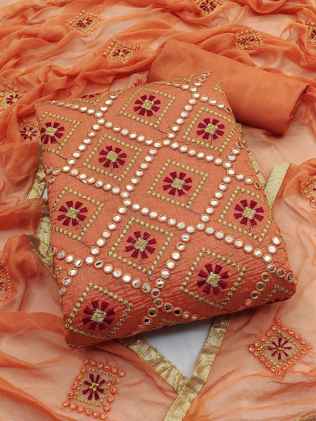 manvaa peach-coloured embroidered unstitched dress material