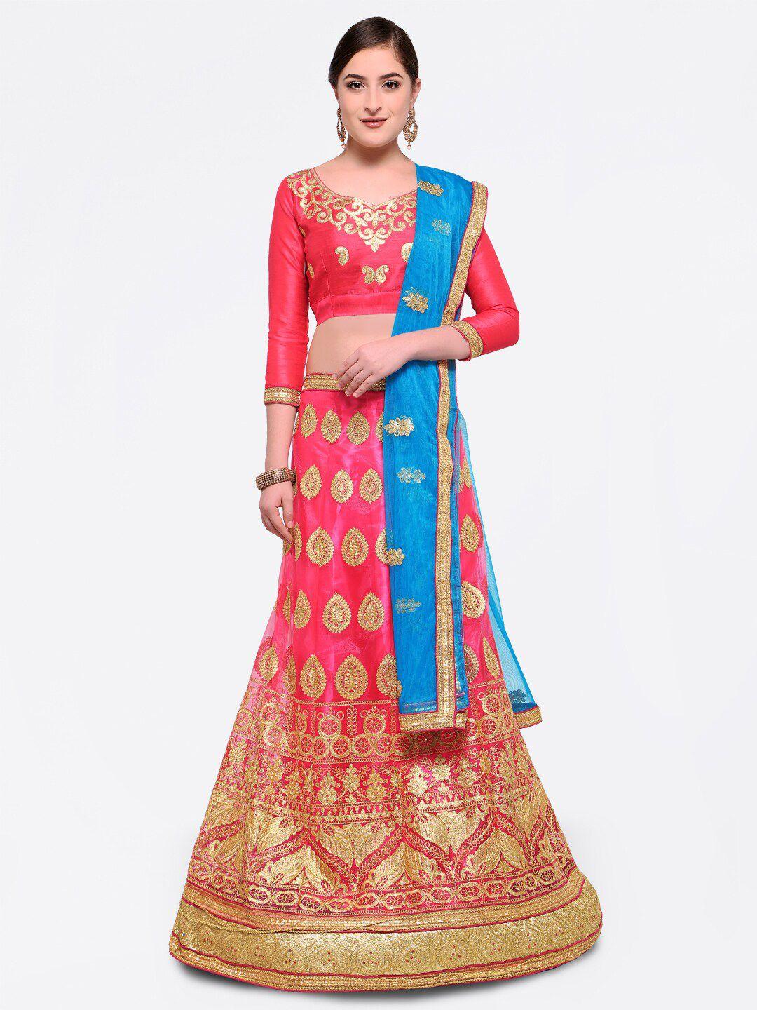 manvaa pink & blue embroidered semi-stitched lehenga & unstitched blouse with dupatta