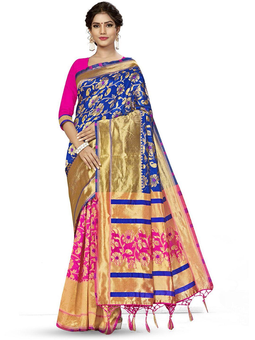 manvaa pink & blue woven design zari silk blend half and half banarasi saree