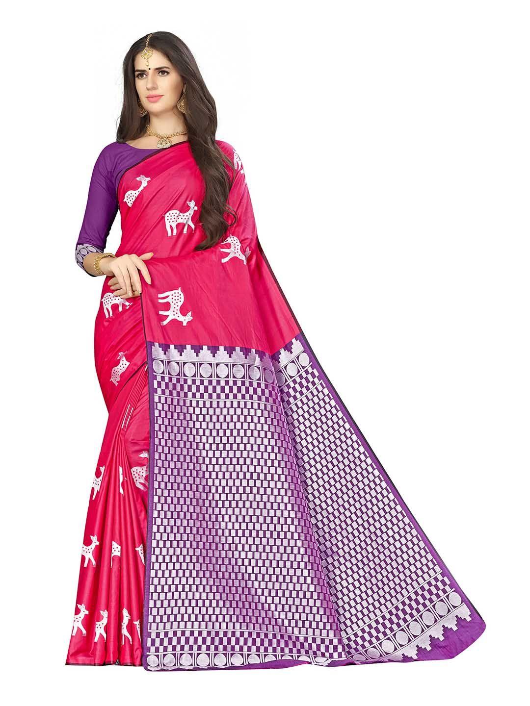 manvaa pink & purple woven design zari silk blend banarasi saree