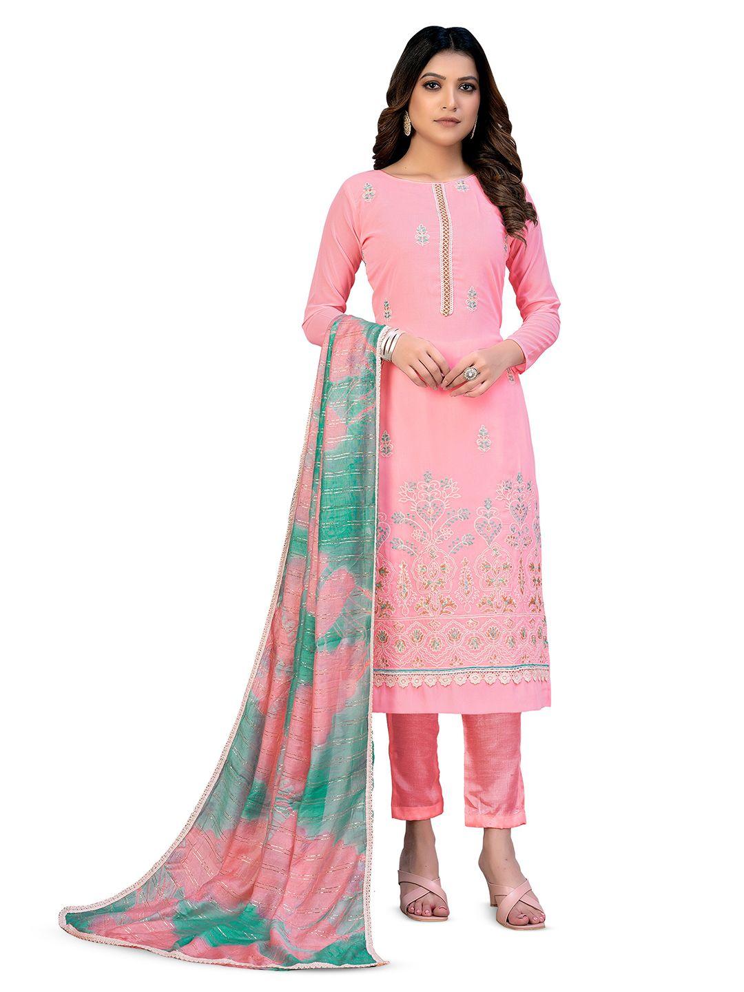 manvaa pink embellished silk georgette unstitched dress material
