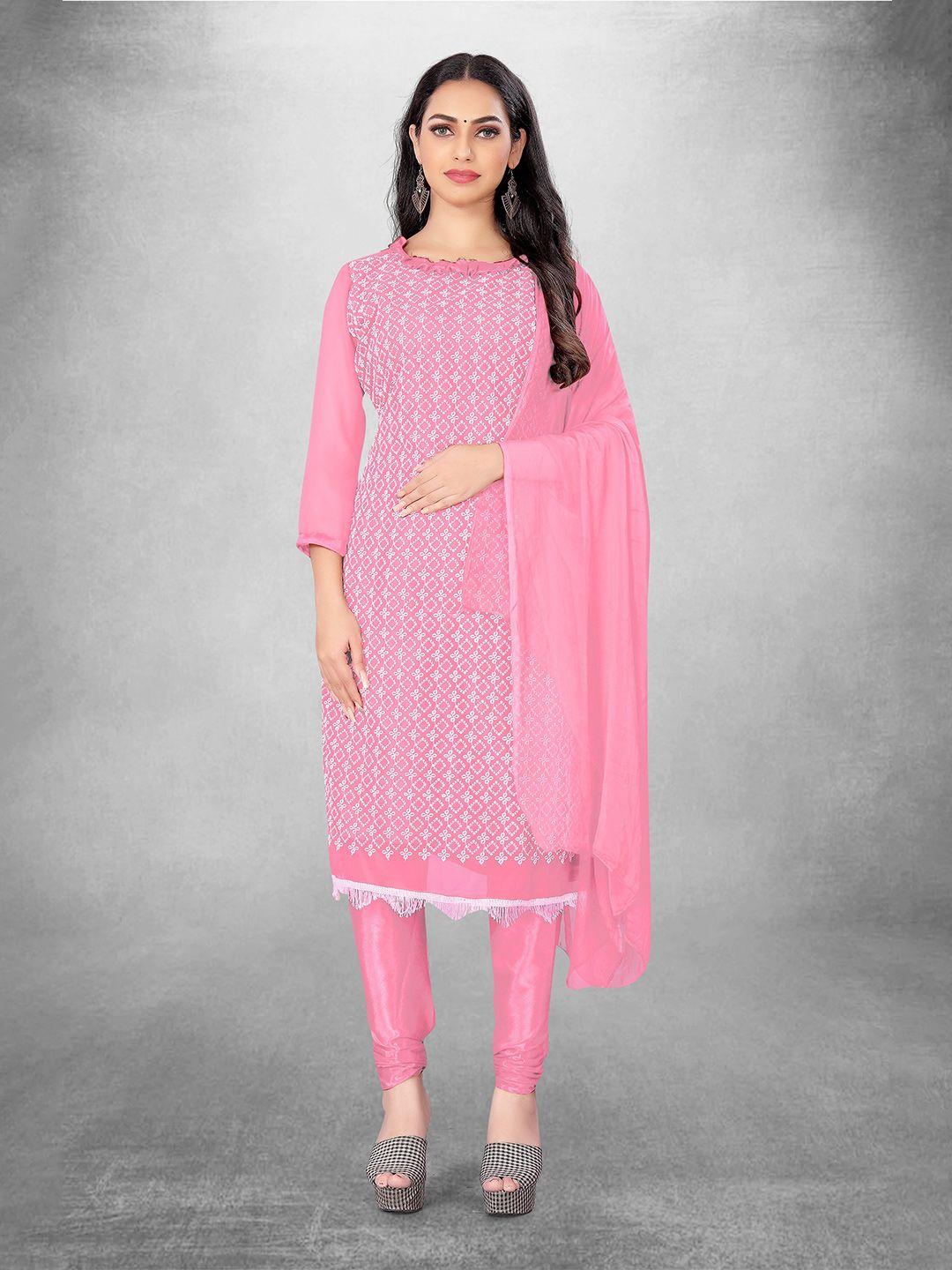manvaa pink embroidered silk georgette unstitched dress material