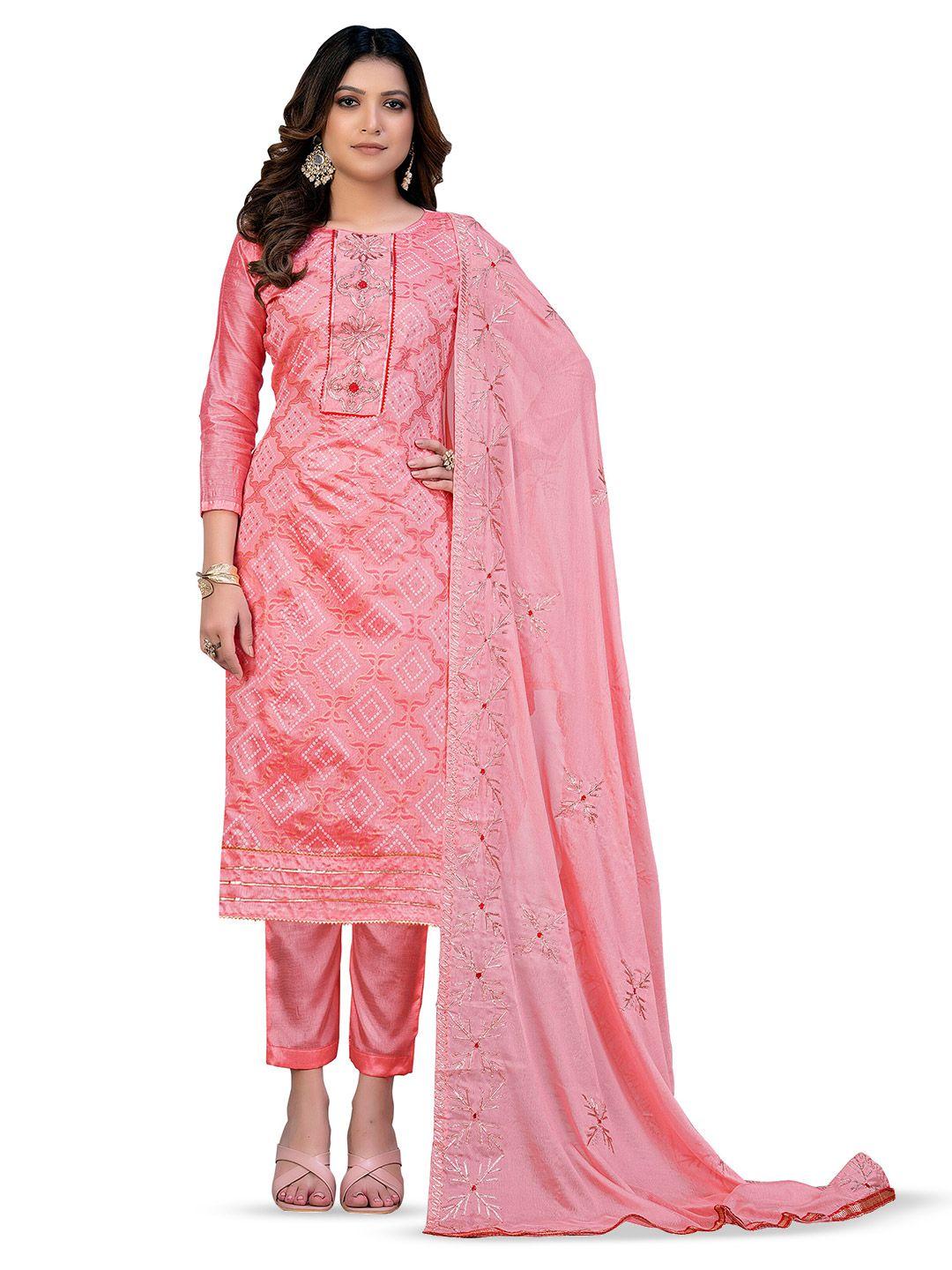 manvaa pink embroidered unstitched dress material