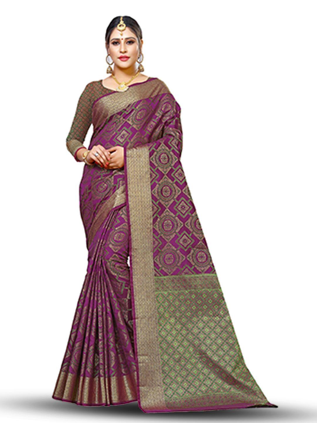 manvaa purple & green woven design zari banarasi saree