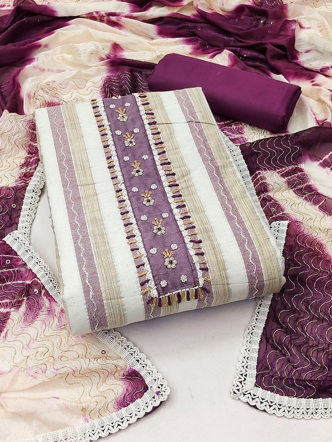 manvaa purple & off white embroidered pure cotton unstitched dress material