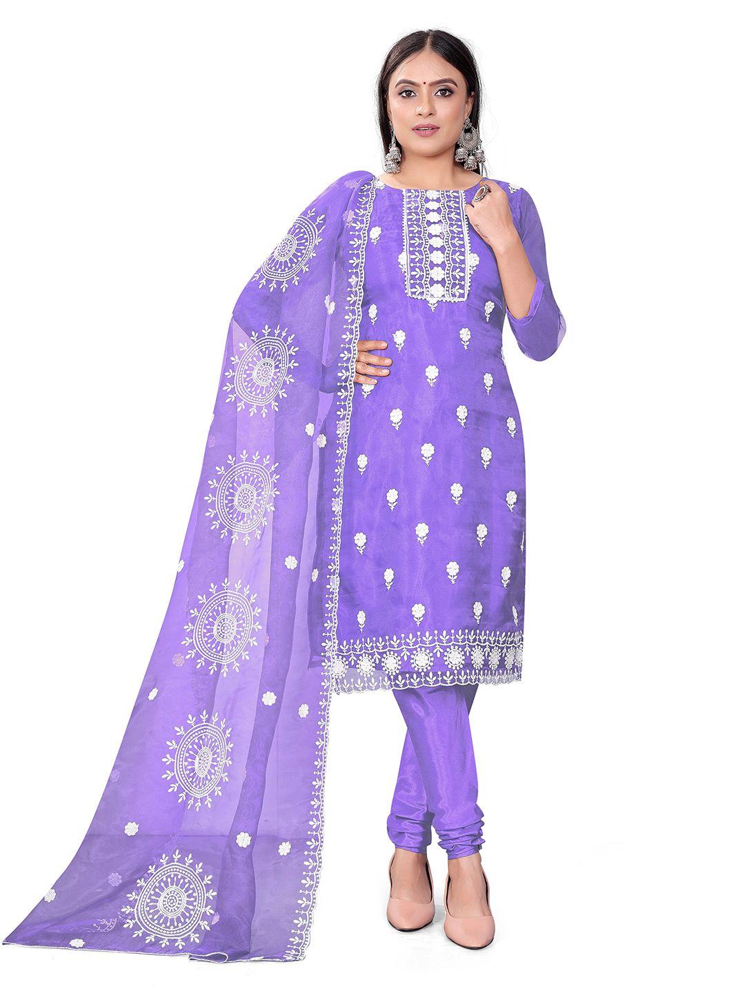 manvaa purple embroidered organza unstitched dress material