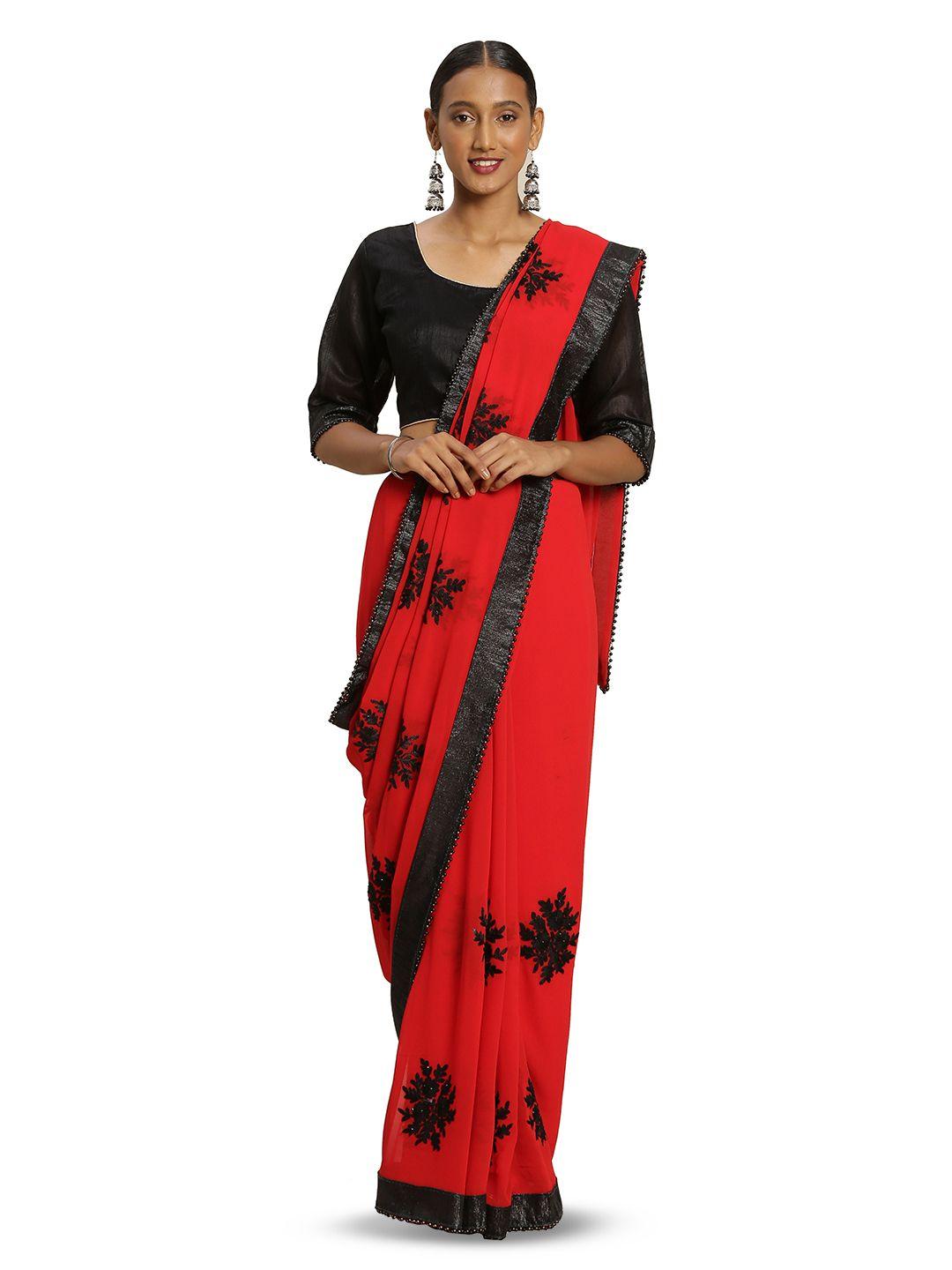 manvaa red & black embellished embroidered poly georgette banarasi saree