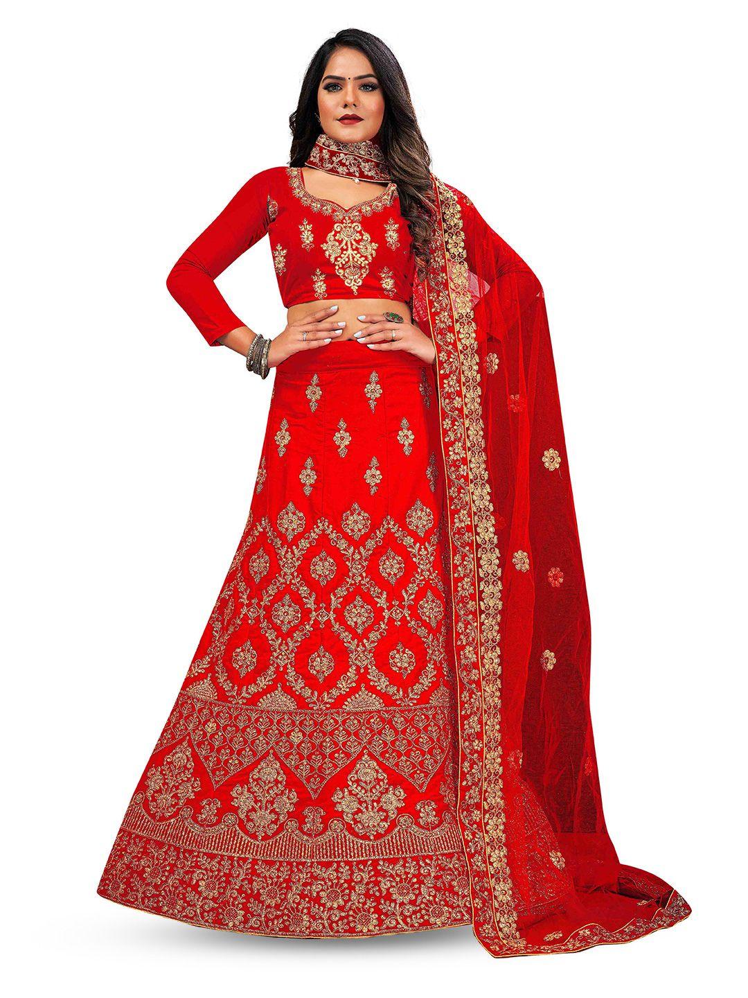 manvaa red & gold-toned embroidered beads and stones semi-stitched lehenga & unstitched blouse with dupatta