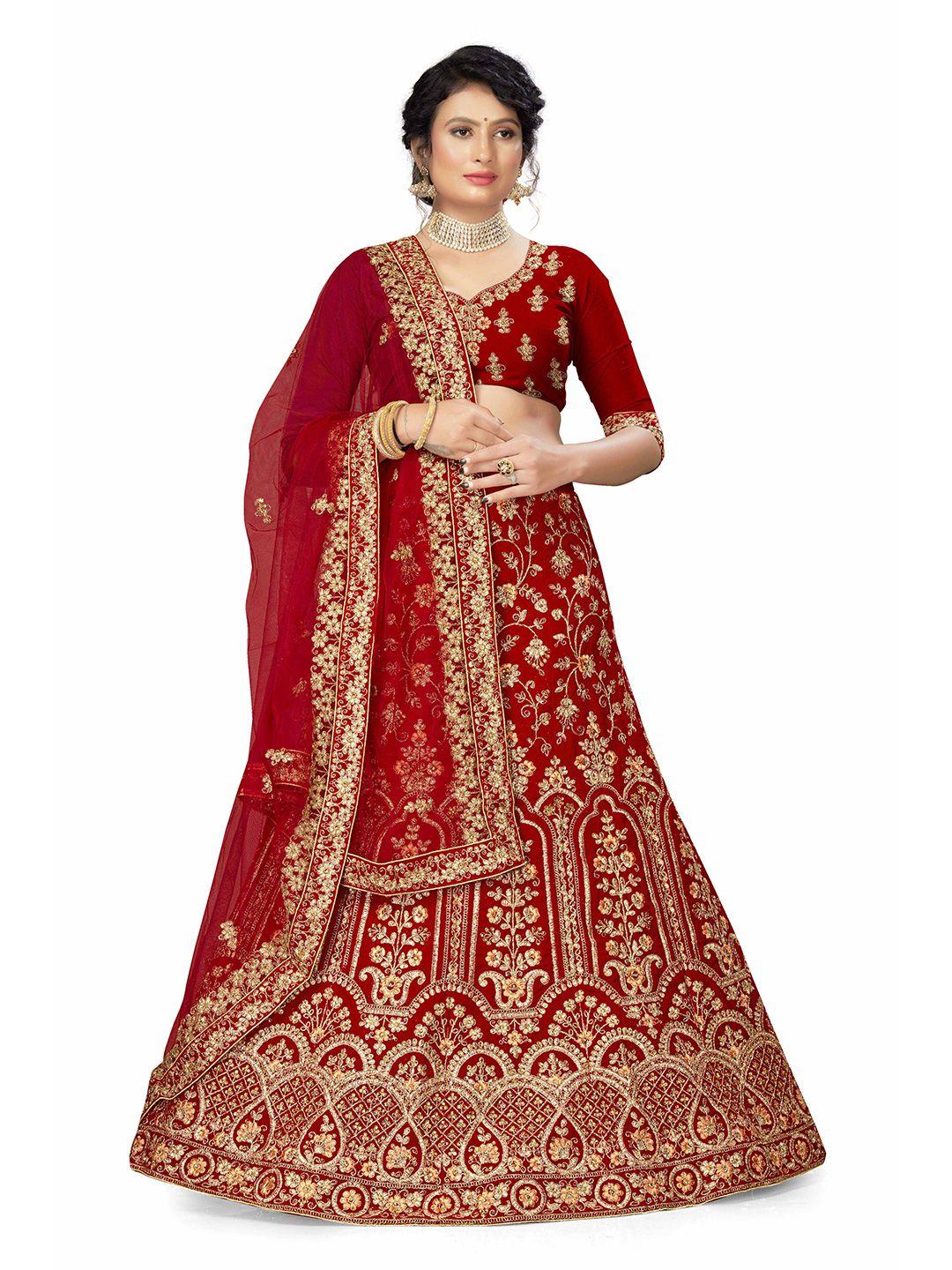 manvaa red & gold-toned embroidered beads and stones semi-stitched lehenga & unstitched blouse with dupatta