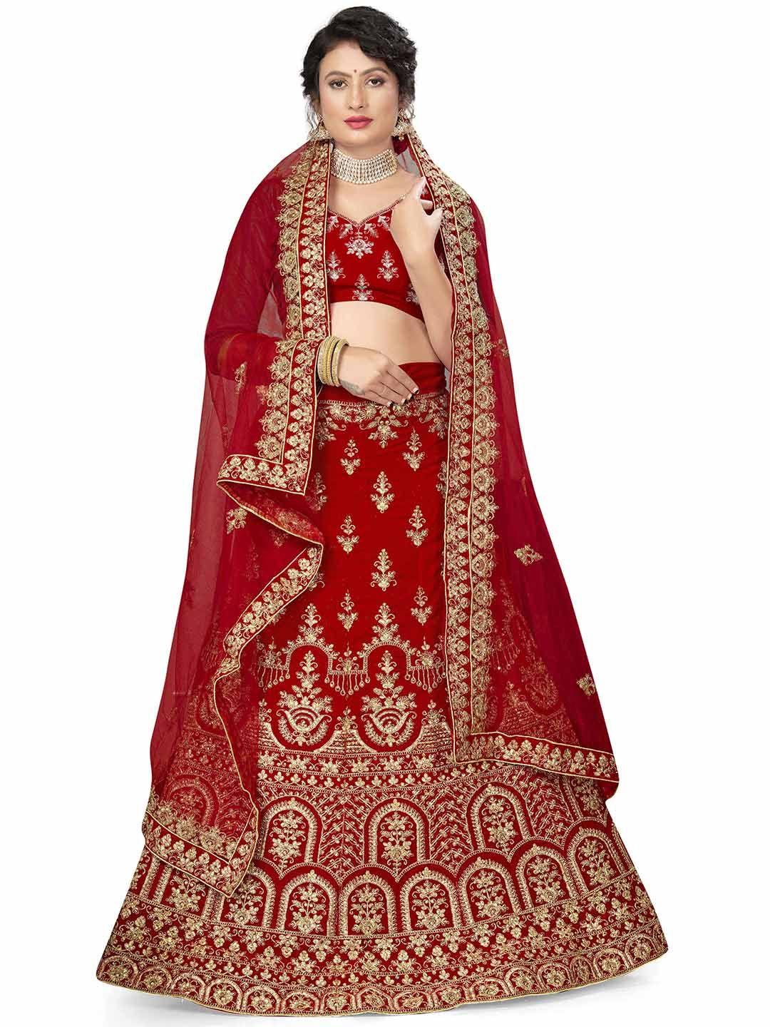 manvaa red & gold-toned embroidered beads and stones semi-stitched lehenga & unstitched blouse with dupatta