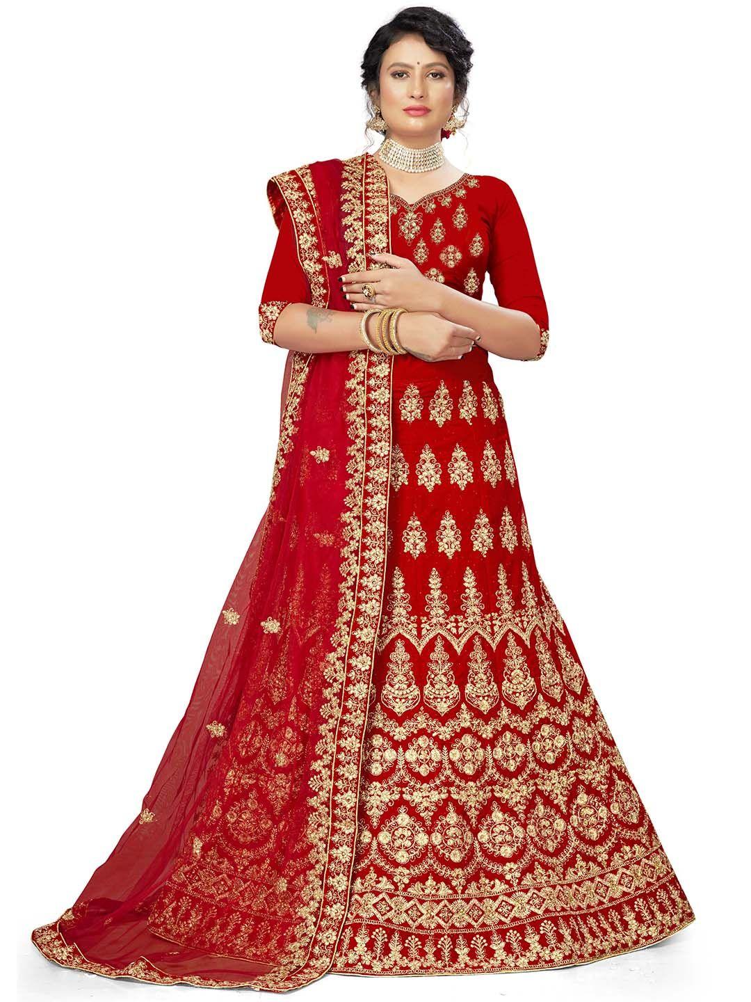 manvaa red & gold-toned embroidered beads and stones semi-stitched lehenga & unstitched blouse with dupatta