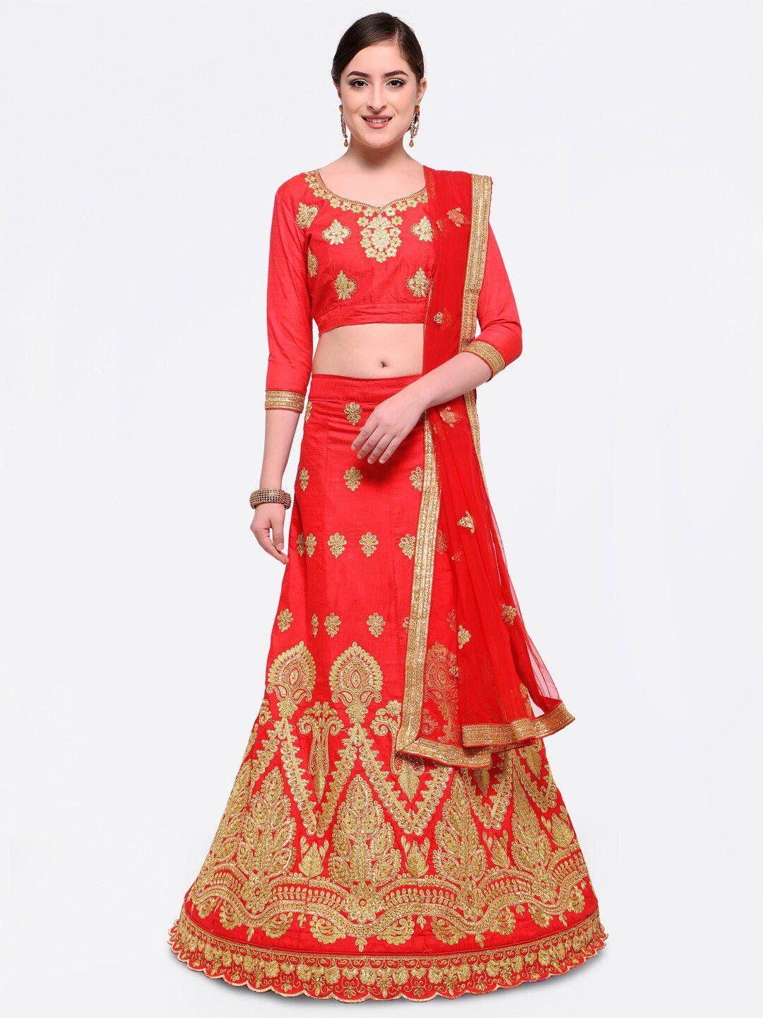 manvaa red & gold-toned embroidered semi-stitched lehenga & unstitched blouse with dupatta