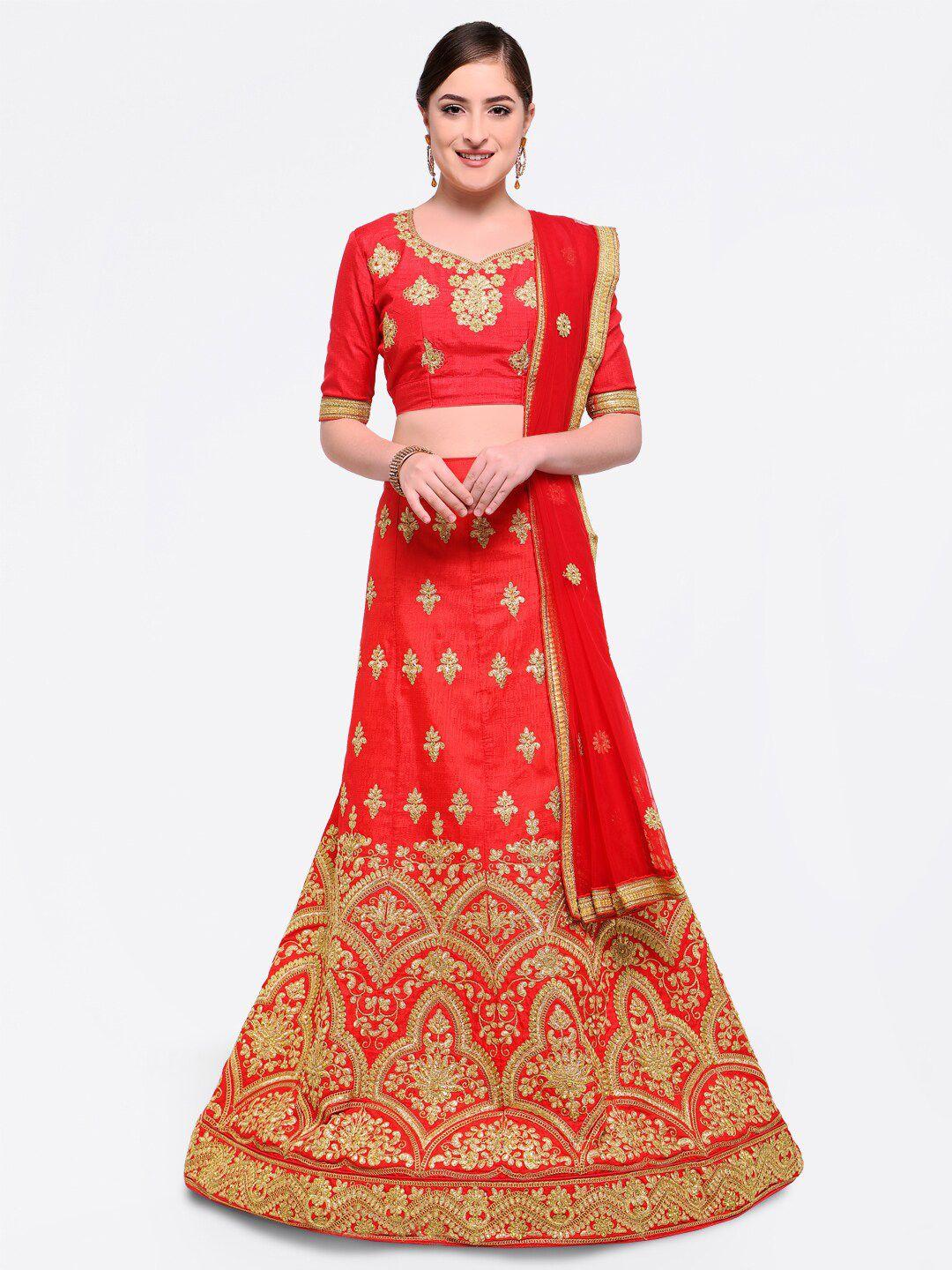 manvaa red & gold-toned embroidered semi-stitched lehenga & unstitched blouse with dupatta