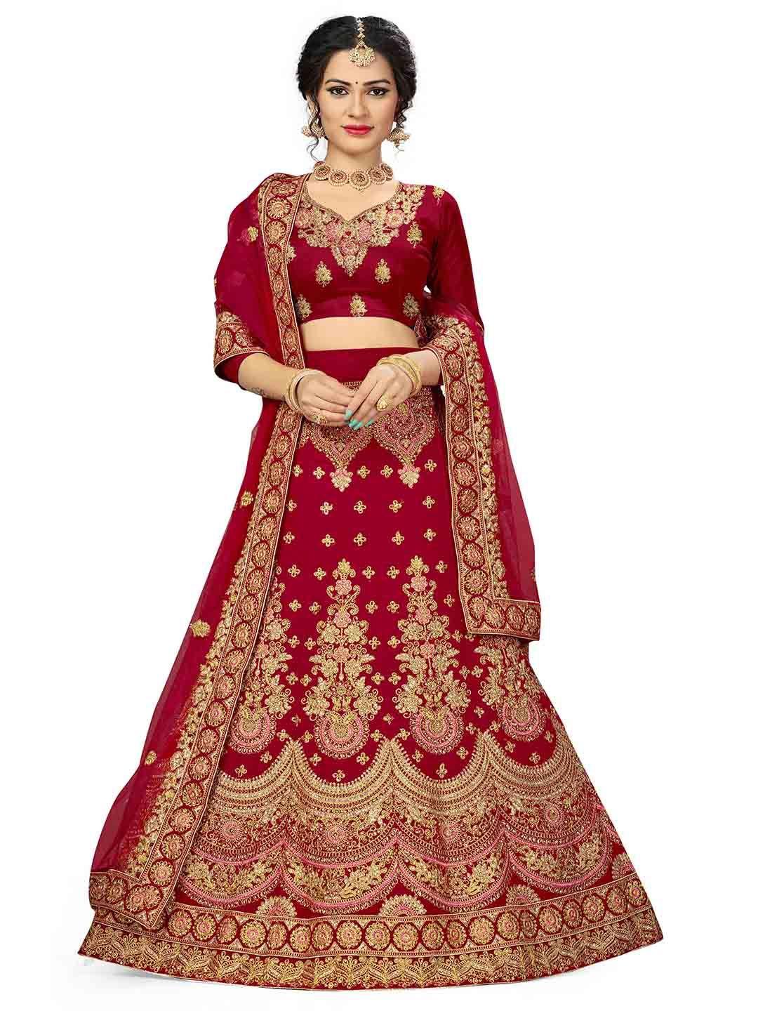 manvaa red & gold-toned embroidered thread work semi-stitched lehenga & unstitched blouse with dupatta