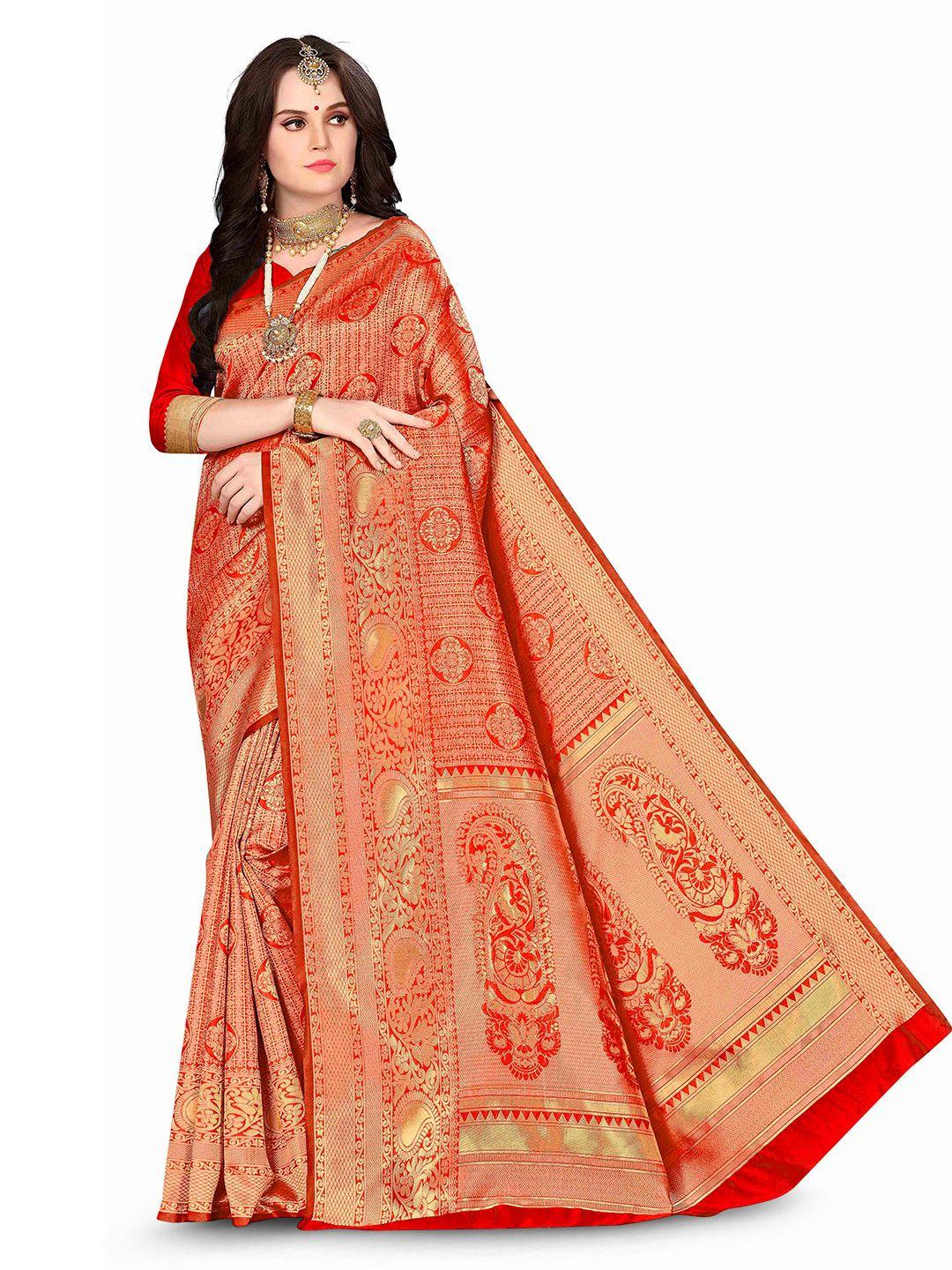 manvaa red & gold-toned woven design zari silk blend ikat saree