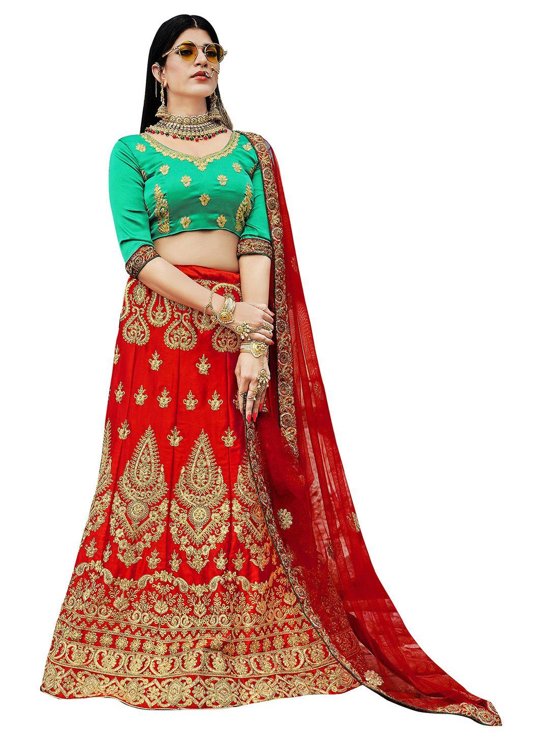 manvaa red & green embroidered thread work semi-stitched lehenga & unstitched blouse with dupatta