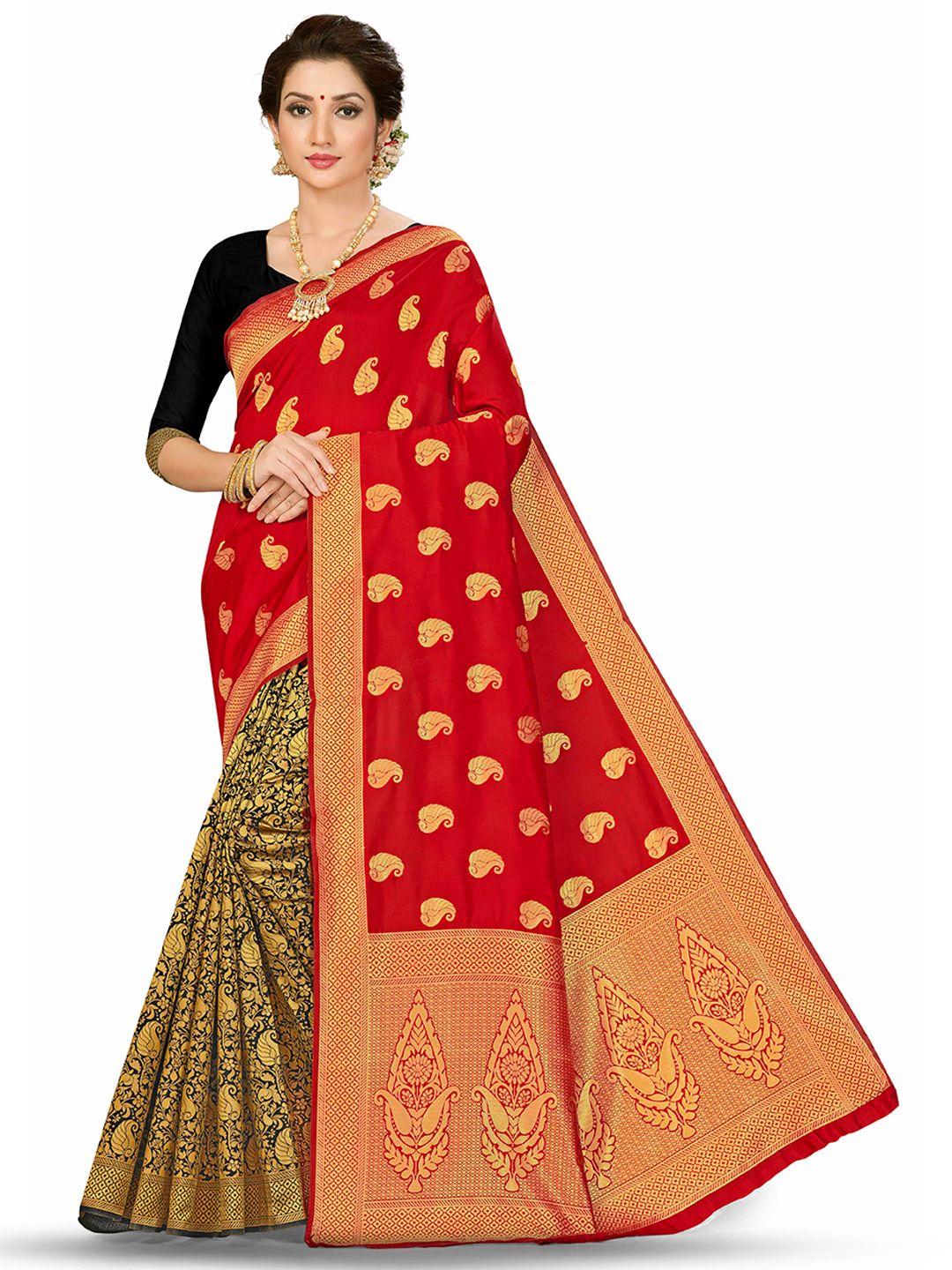 manvaa red & green ethnic motifs zari silk blend half and half banarasi saree