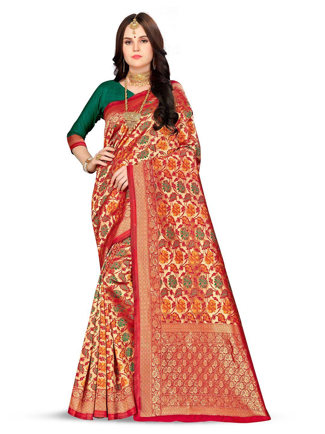 manvaa red & green woven design zari silk blend banarasi saree