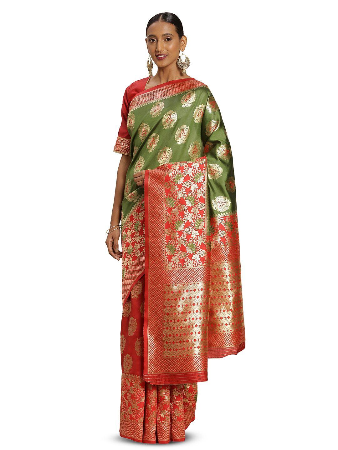 manvaa red & green woven design zari silk blend banarasi saree