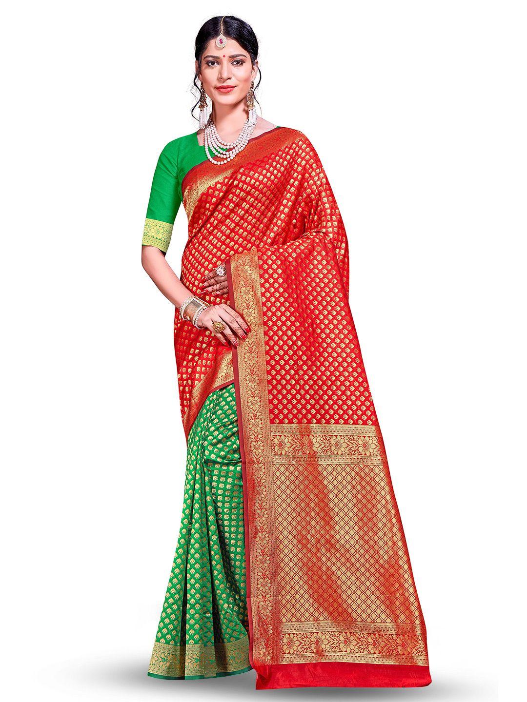 manvaa red & green woven design zari silk blend half and half banarasi saree