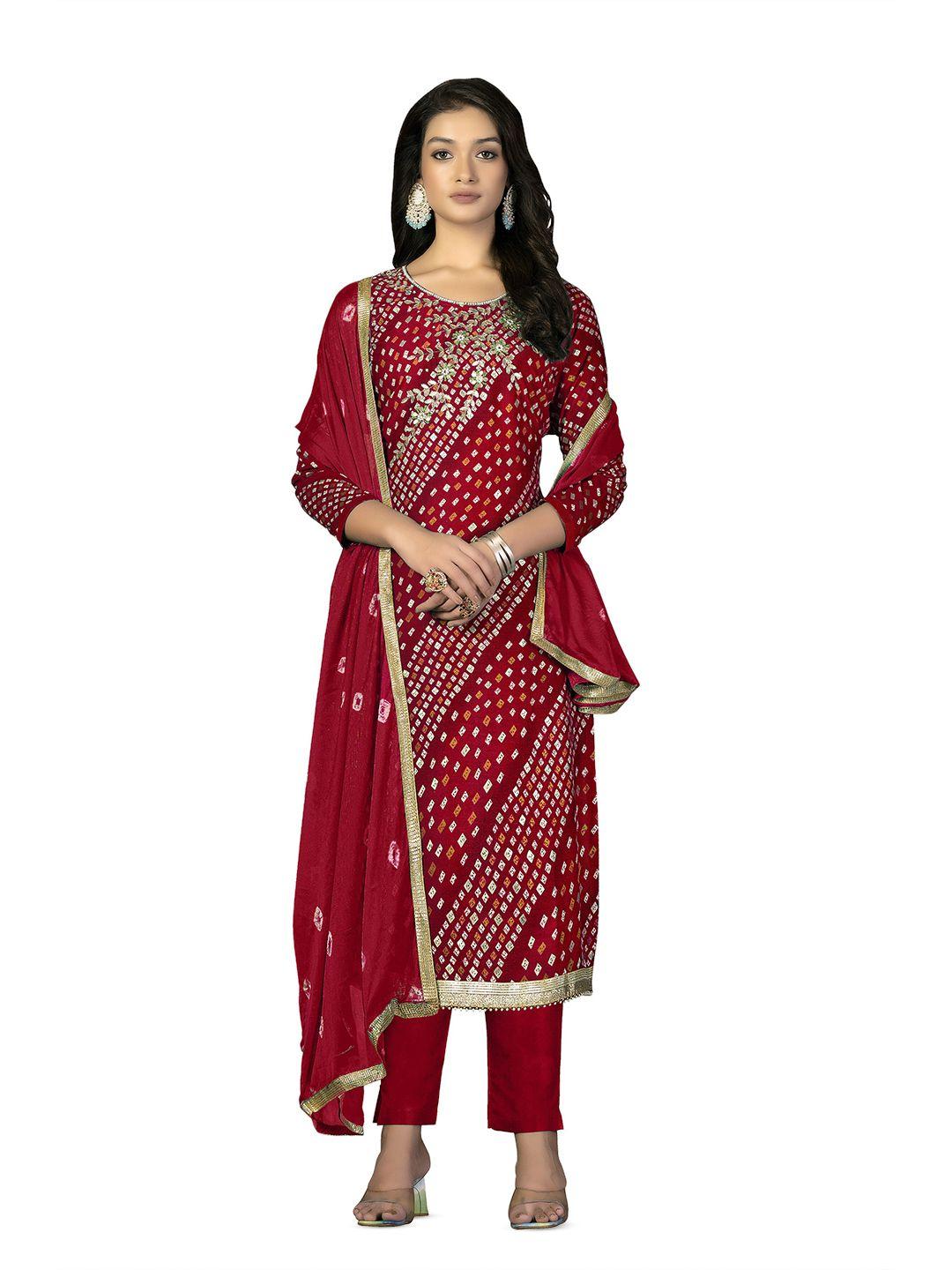 manvaa red & white printed unstitched dress material