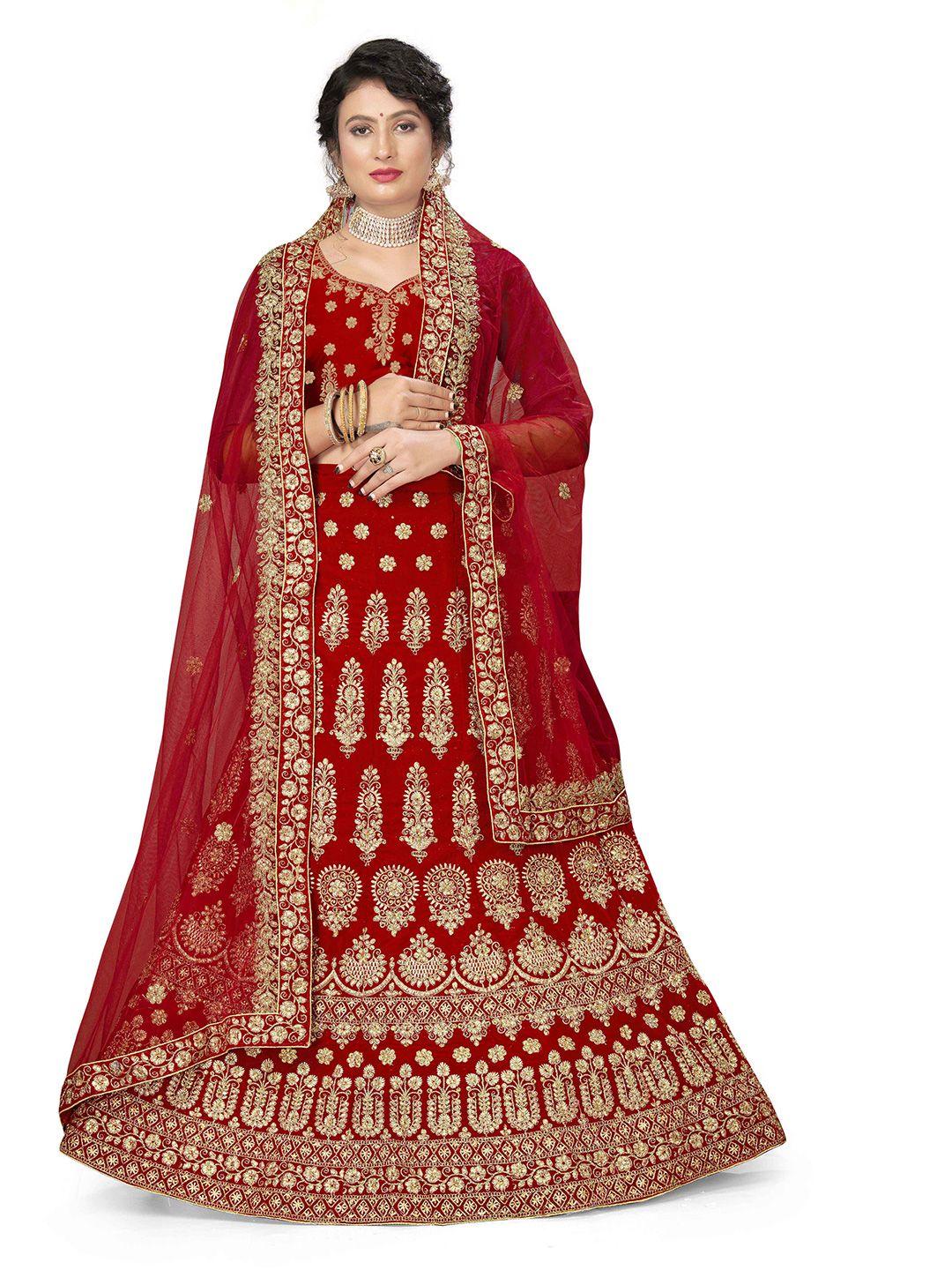 manvaa red embroidered beads and stones semi-stitched lehenga & unstitched blouse with dupatta