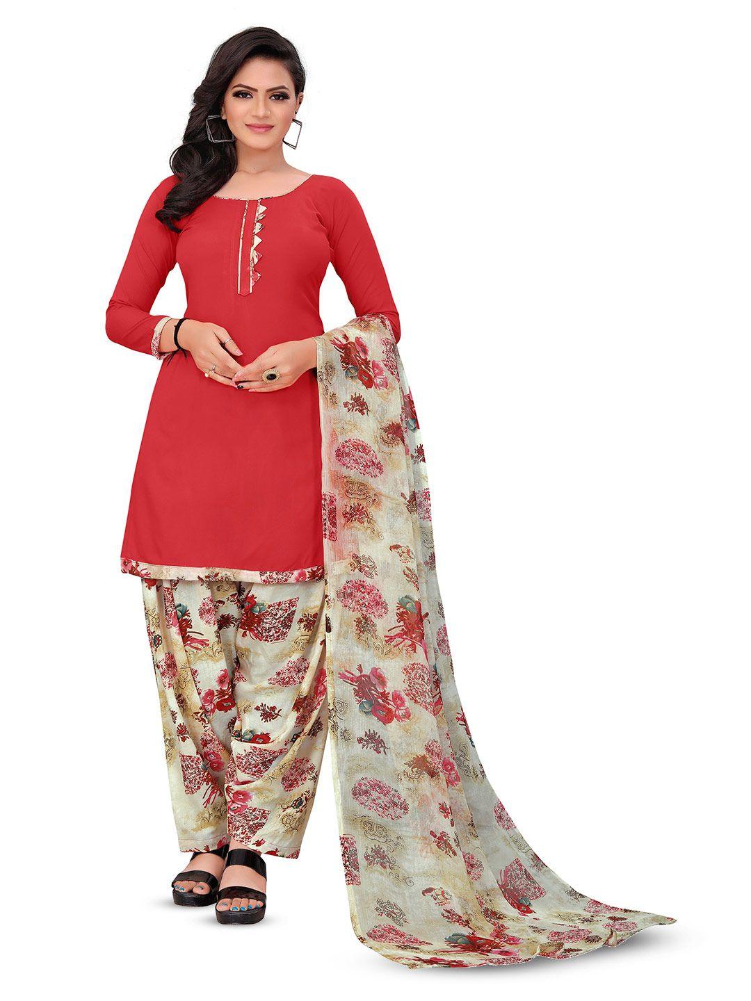 manvaa red printed silk crepe unstitched dress material