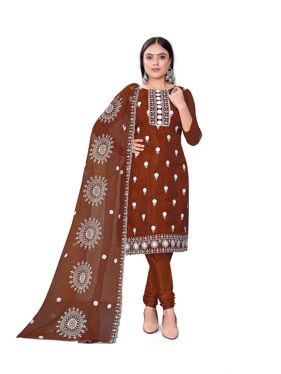manvaa rust embroidered organza unstitched dress material