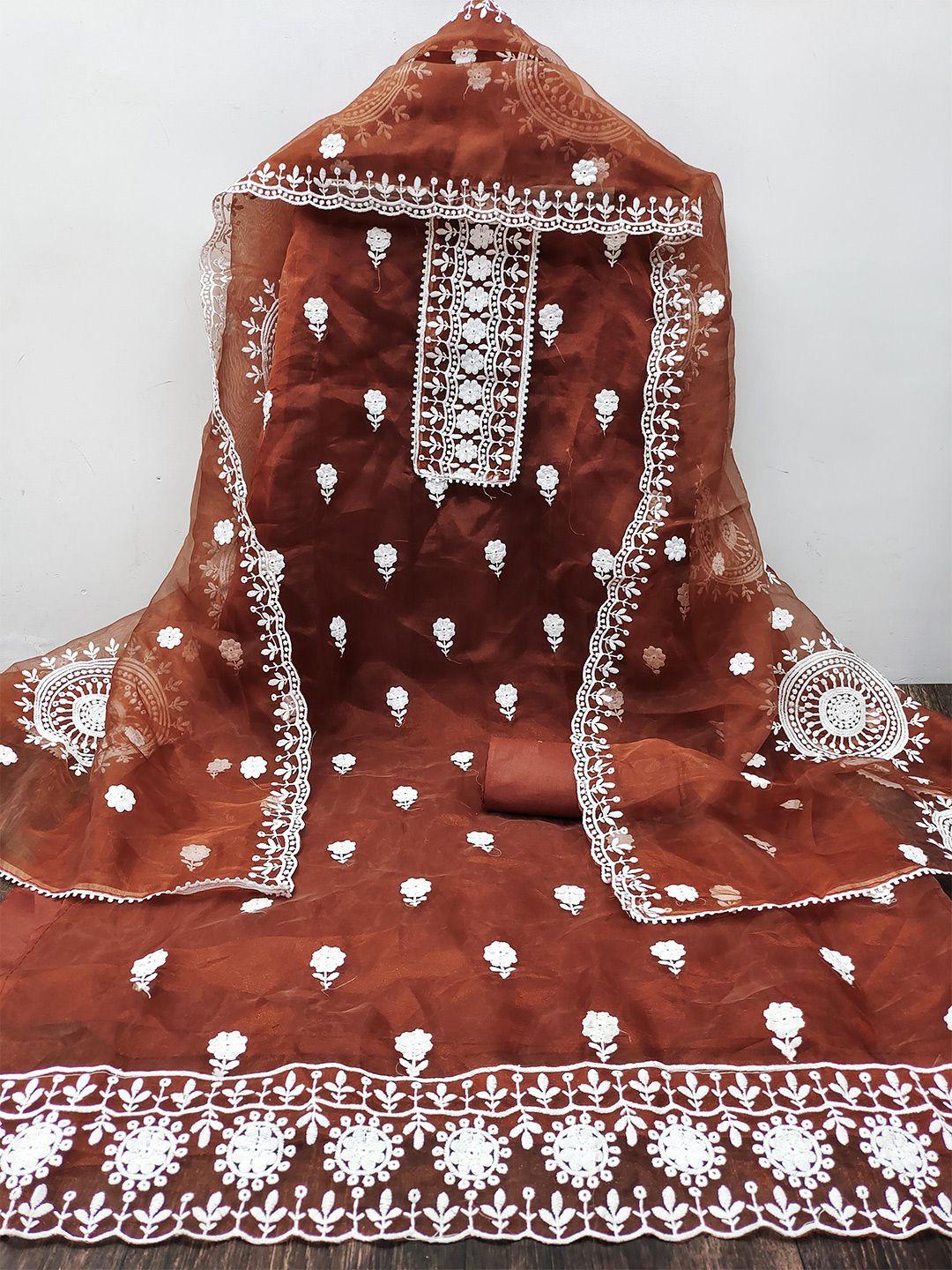 manvaa rust embroidered organza unstitched dress material
