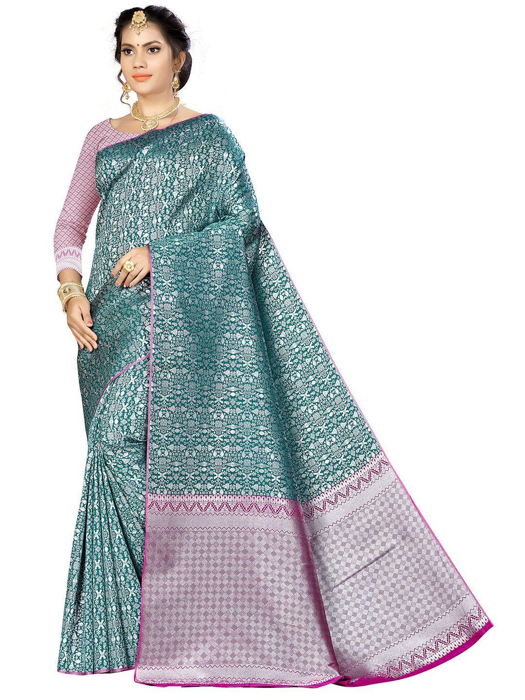 manvaa sea green & pink woven design zari silk blend banarasi saree