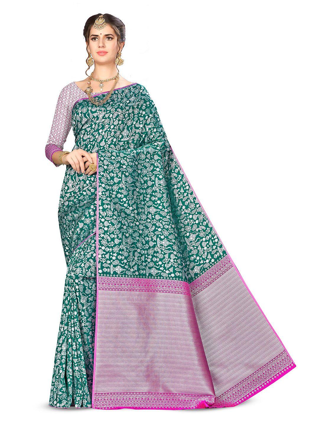 manvaa sea green & pink woven design zari silk blend banarasi saree
